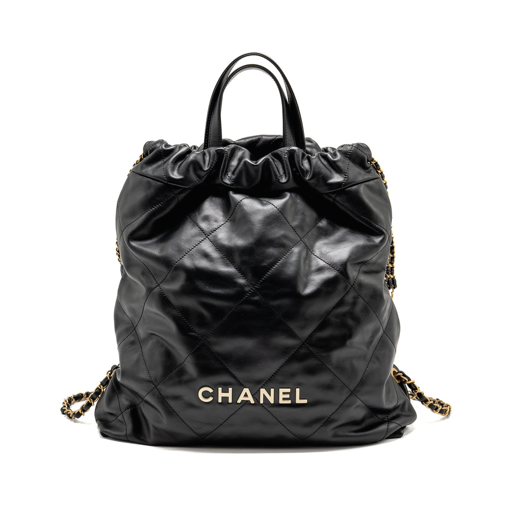 Chanel 22 Backpack White Letter Logo Shiny Calfskin Black  (Microchip)