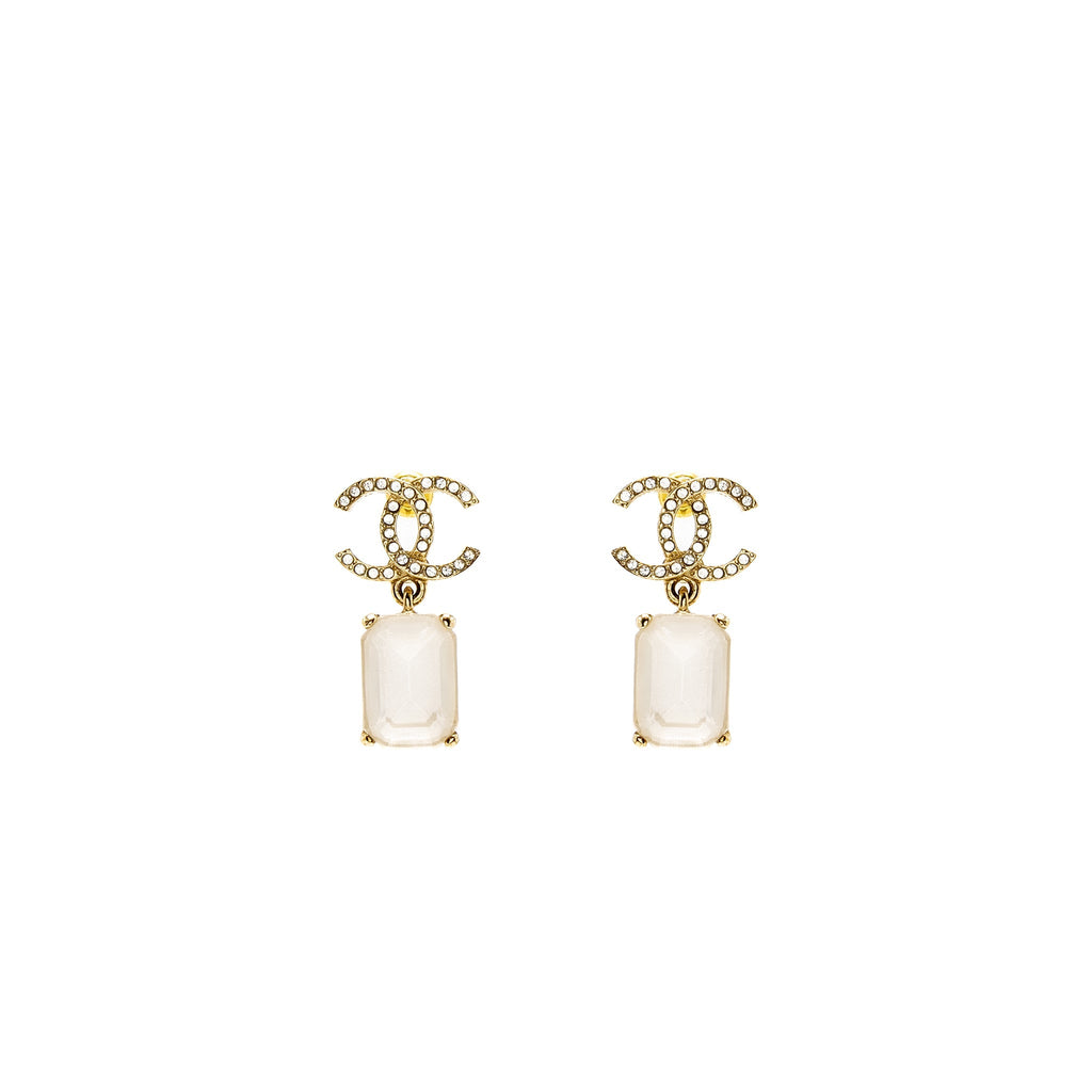 Chanel CC Logo Square Drop Earrings with Crystal Light Gold Tone