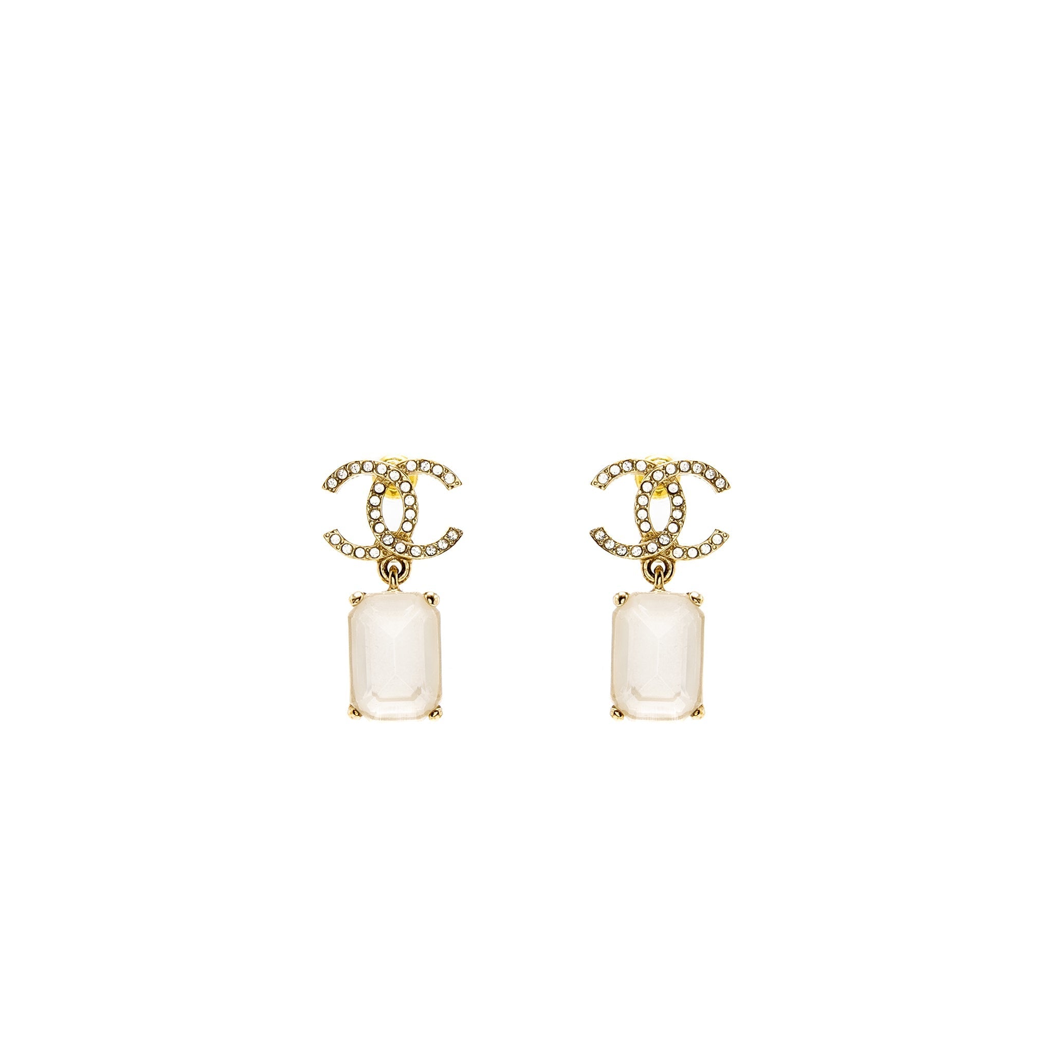 Chanel CC Logo Square Drop Earrings with Crystal Light Gold Tone