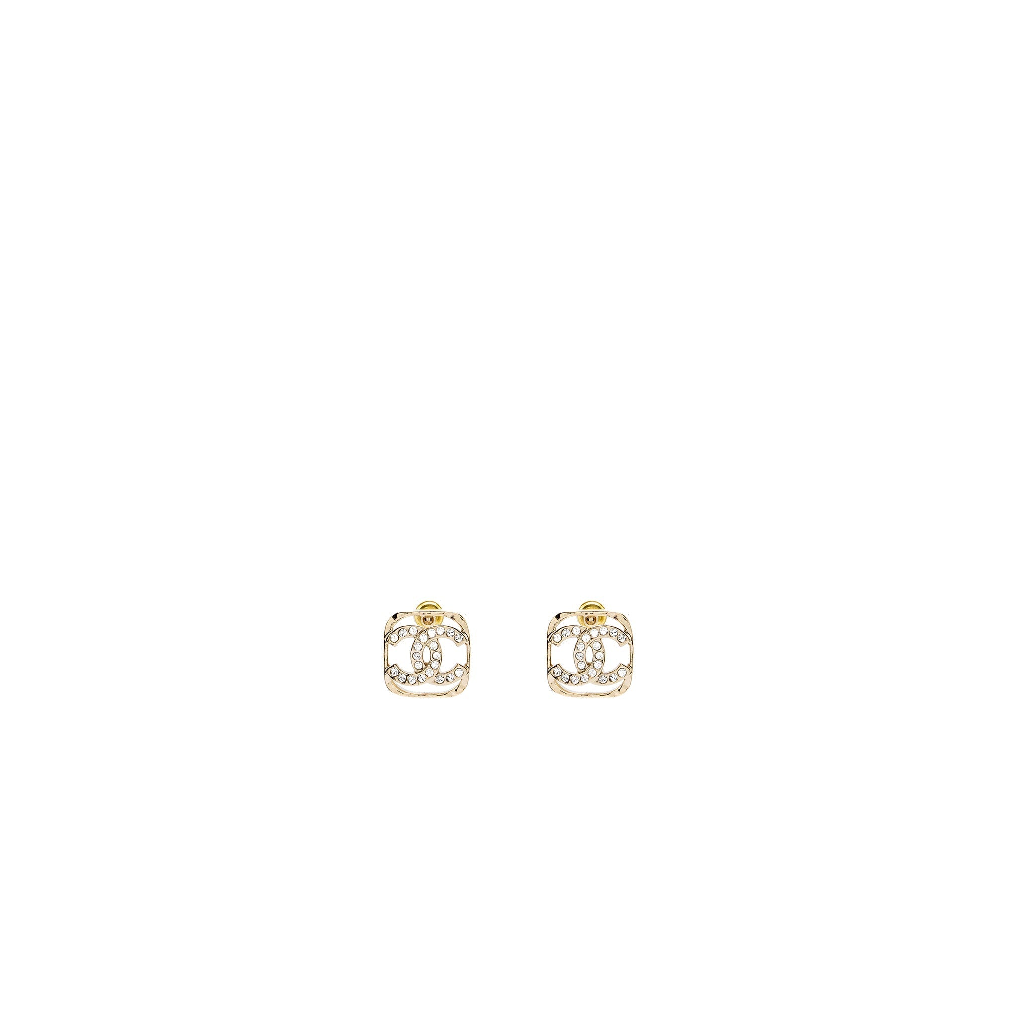 Chanel Square CC Logo Earrings Crystal Light Gold Tone