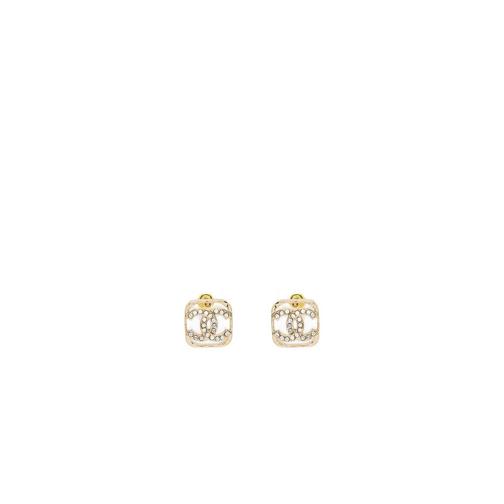 Chanel Square CC Logo Earrings Crystal Light Gold Tone