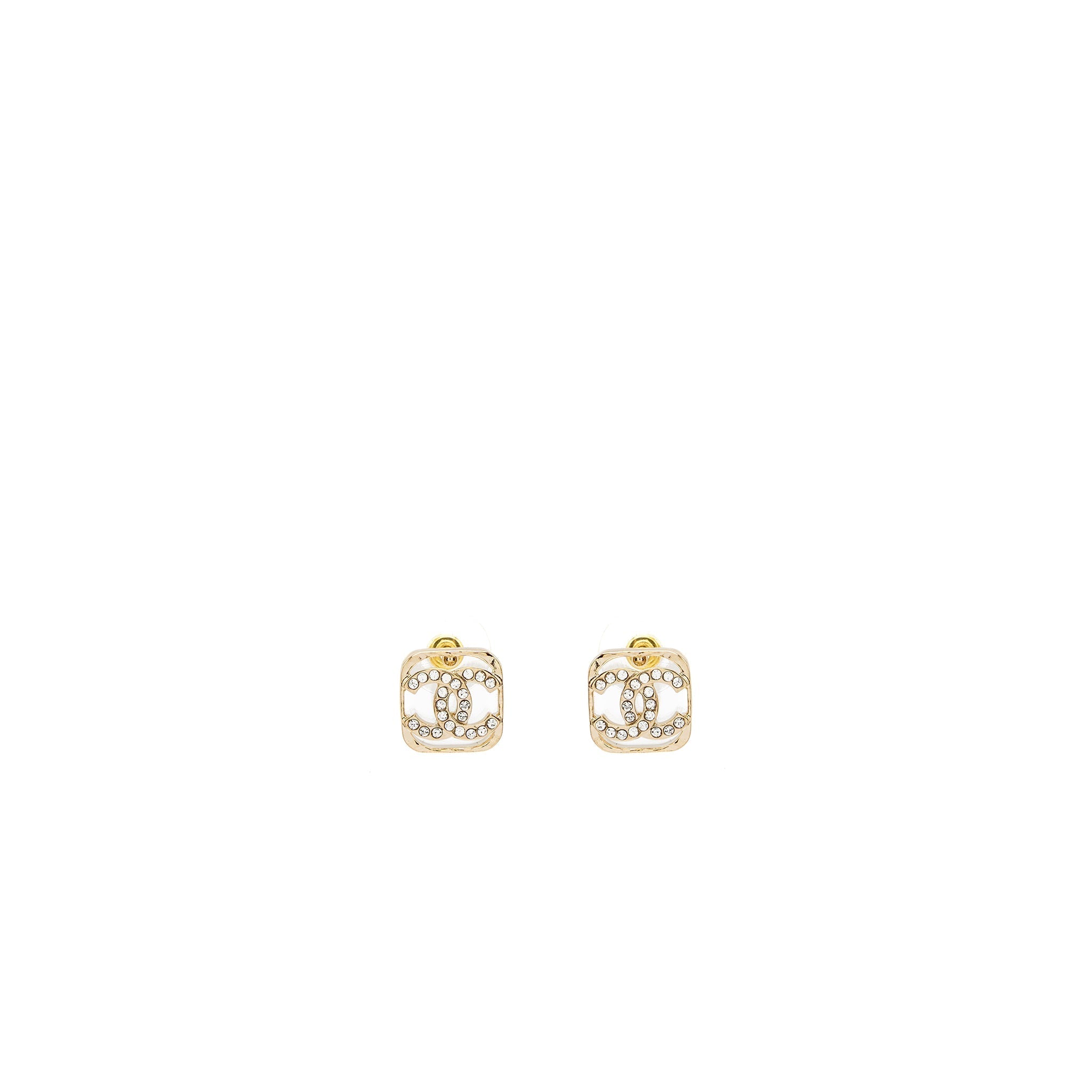 Chanel Square CC Logo Earrings Crystal Light Gold Tone