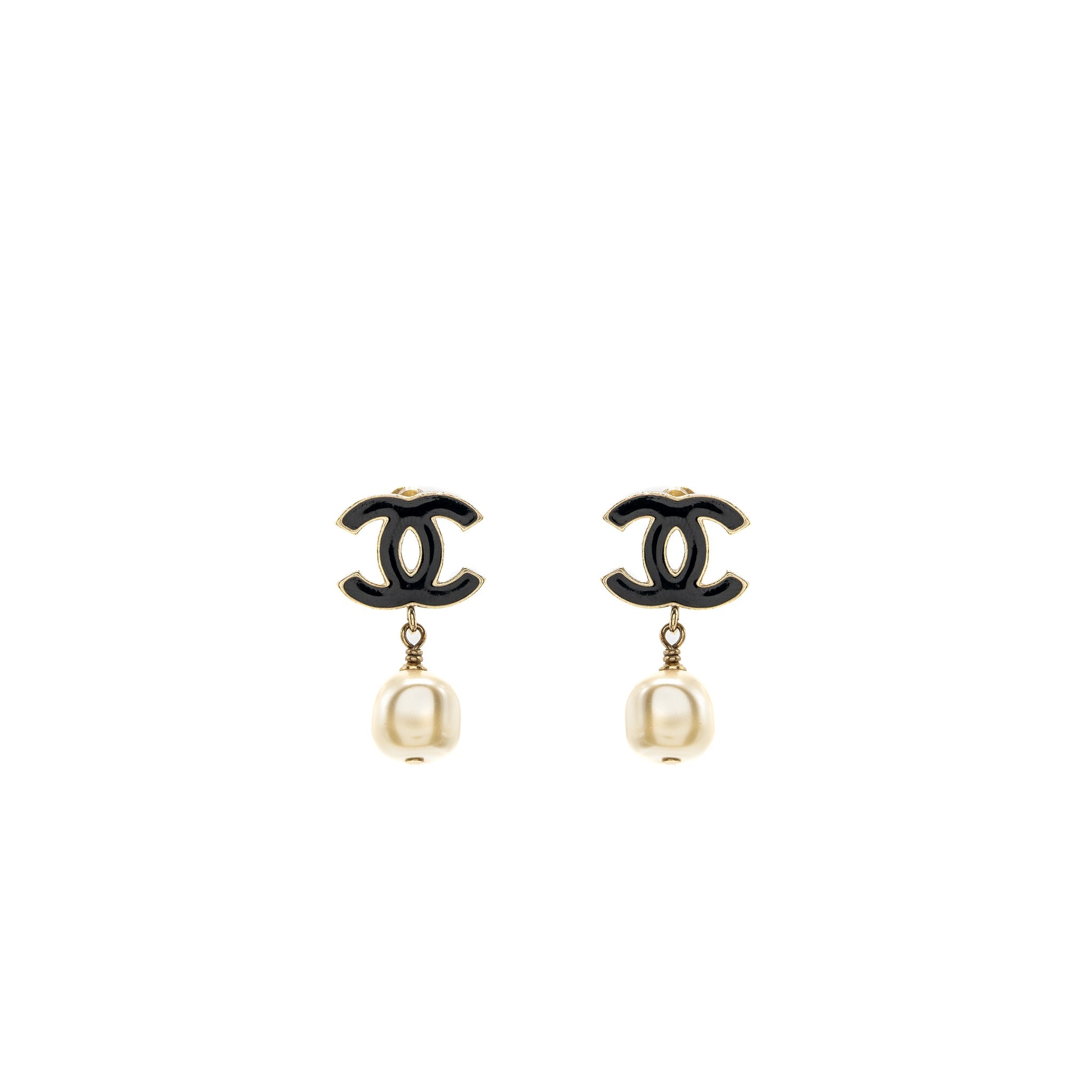 Chanel CC Logo Earring Pearl Drop Black/Light Gold Tone