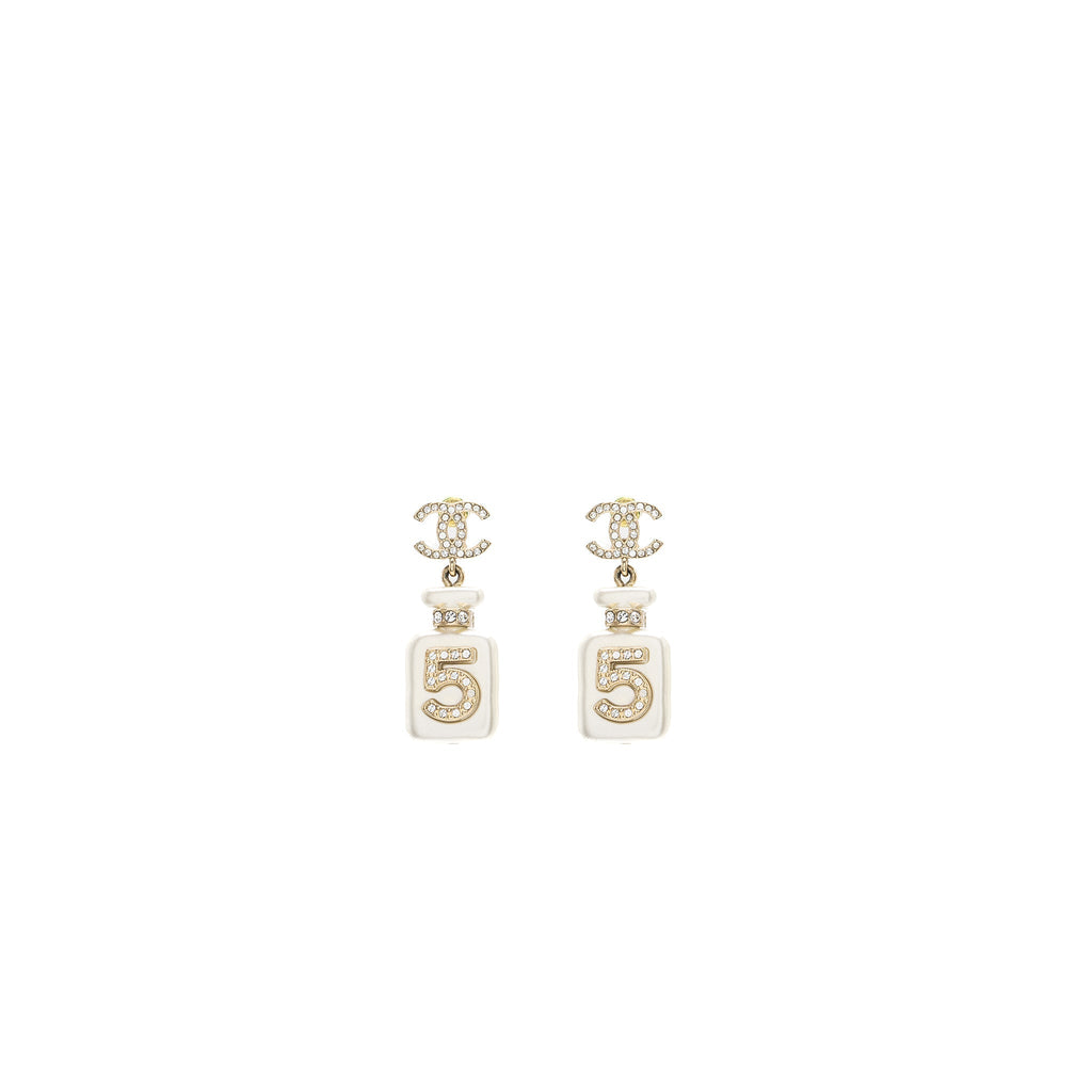 Chanel No.5 Perfume Bottle Earrings Crystal Light Gold Tone