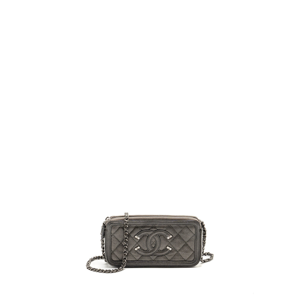 Chanel CC Filigree Double Zip Clutch with Chain Caviar Grey