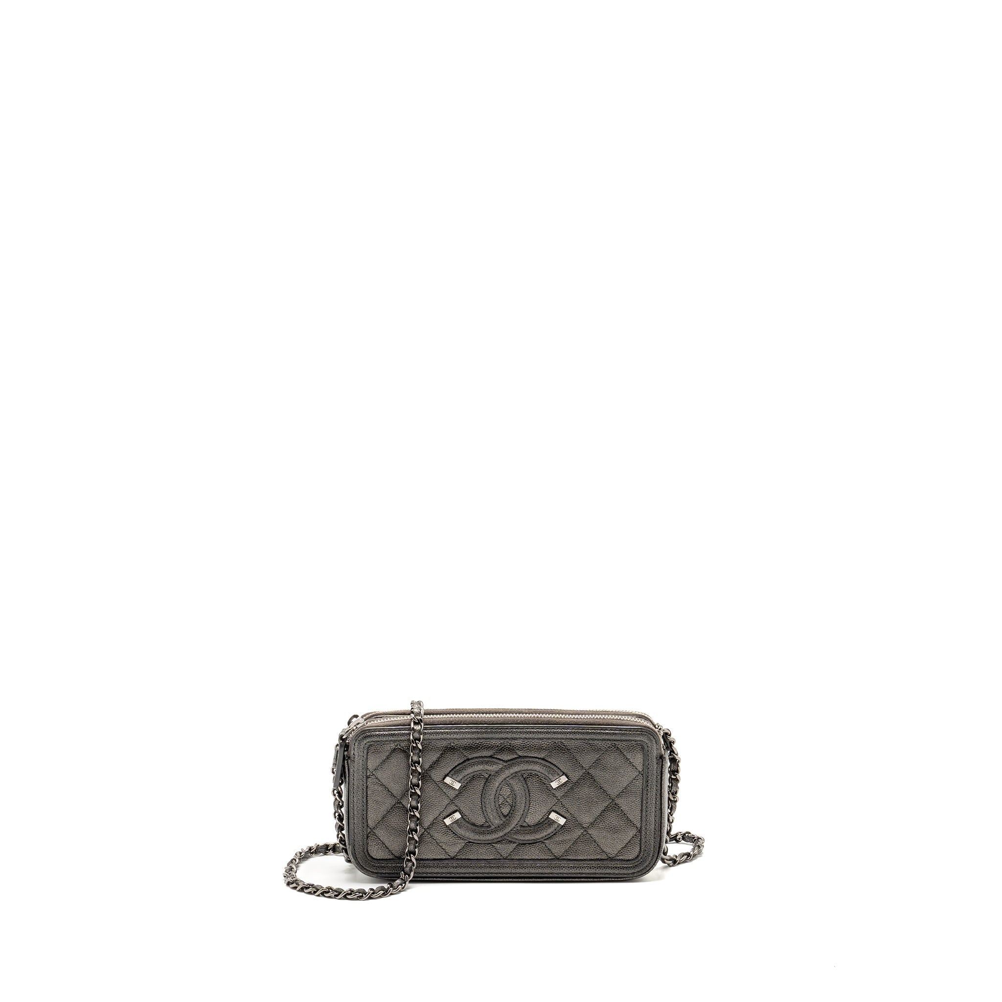 Chanel CC Filigree Double Zip Clutch with Chain Caviar Grey