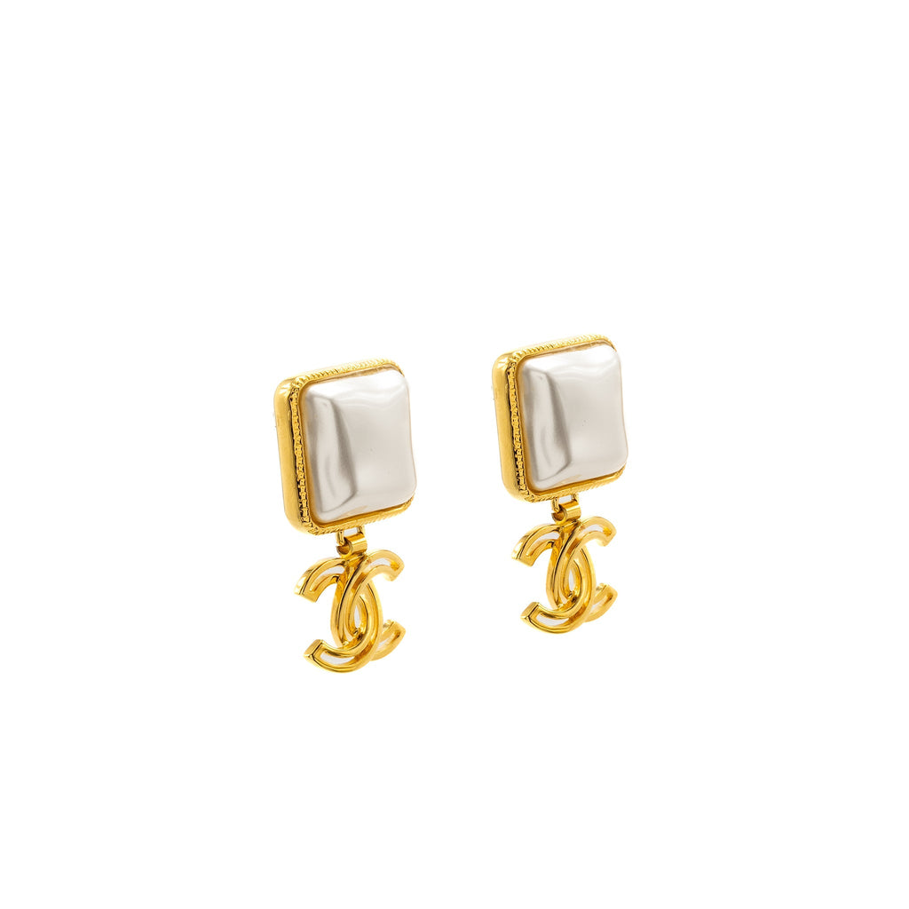 Chanel CC Logo Drop Square Pearl Earrings Gold Tone