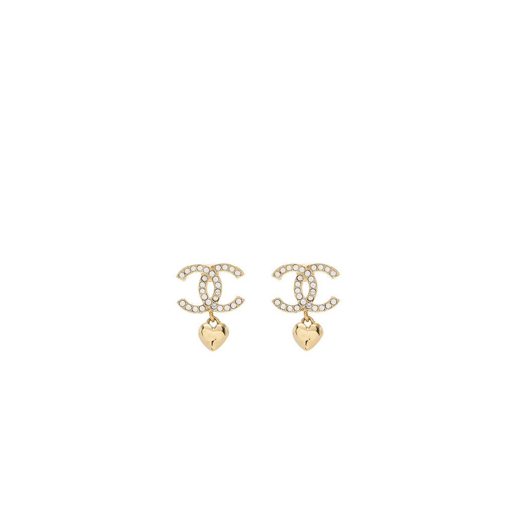 Chanel CC Logo Heart Earrings Crystal
