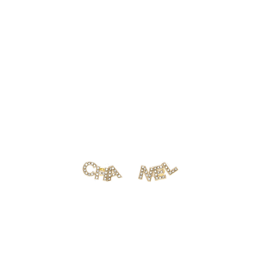 Chanel Crystal Letter Logo Earring Light Gold Tone
