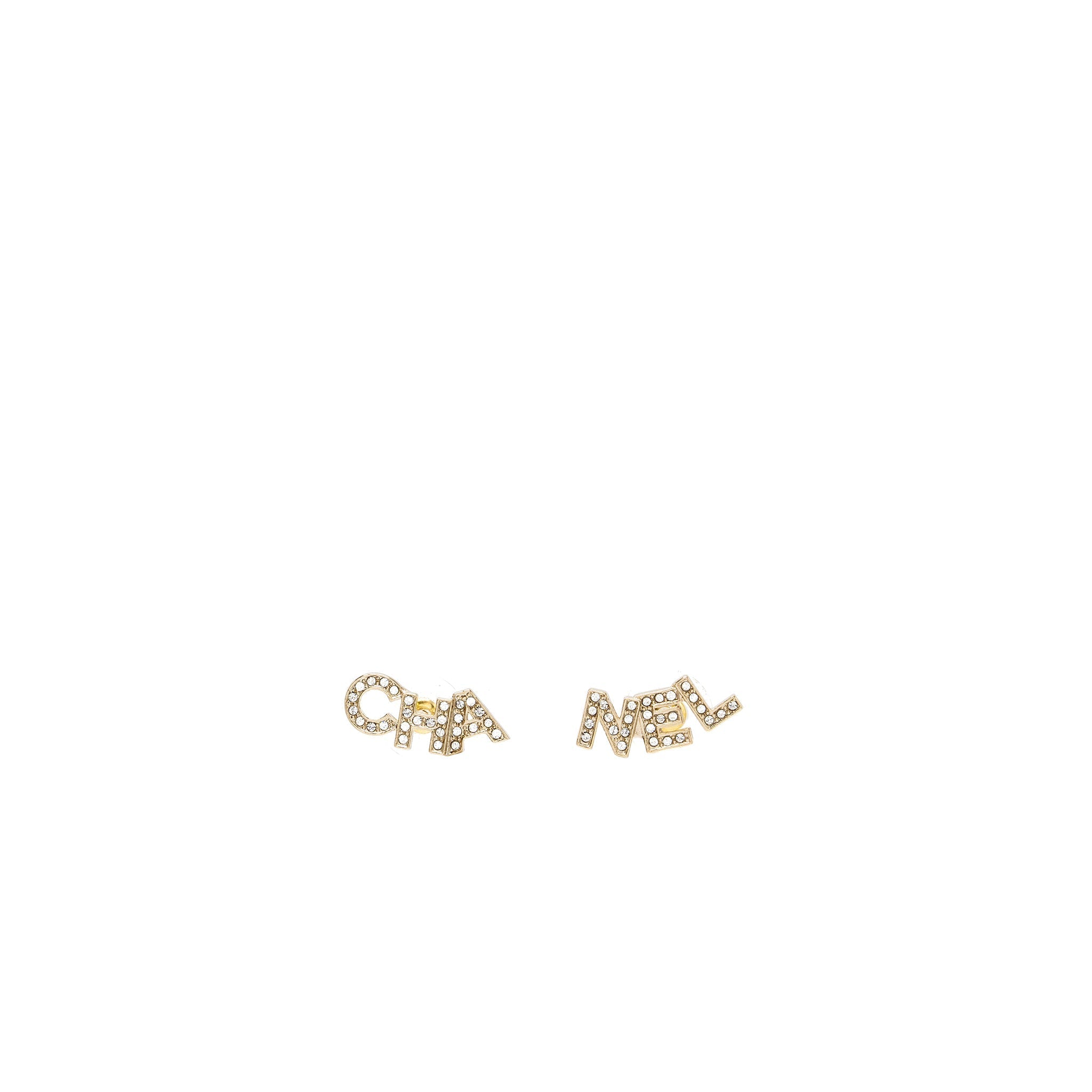 Chanel Crystal Letter Logo Earring Light Gold Tone