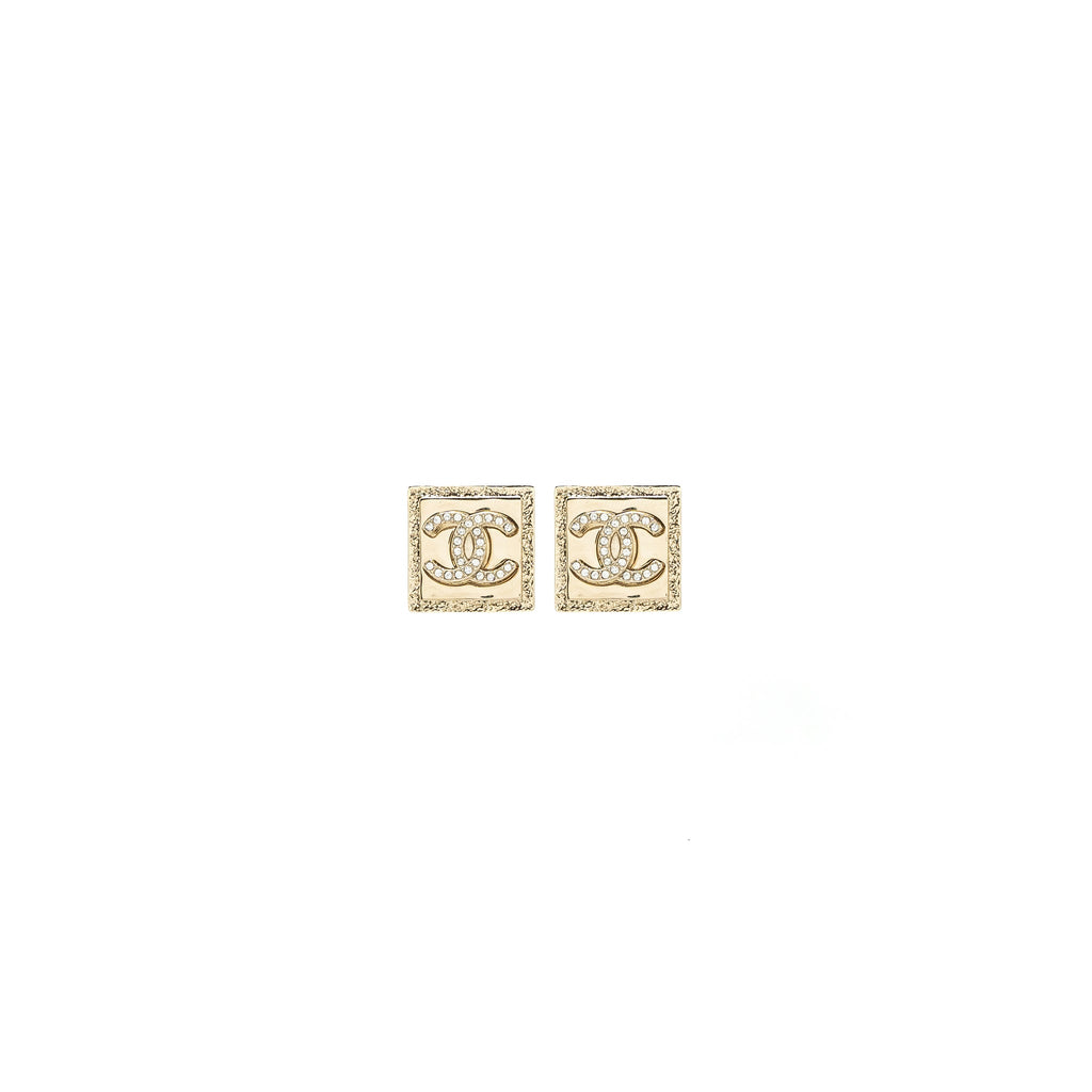 Chanel Square CC logo Earrings Crystal Light Gold Tone