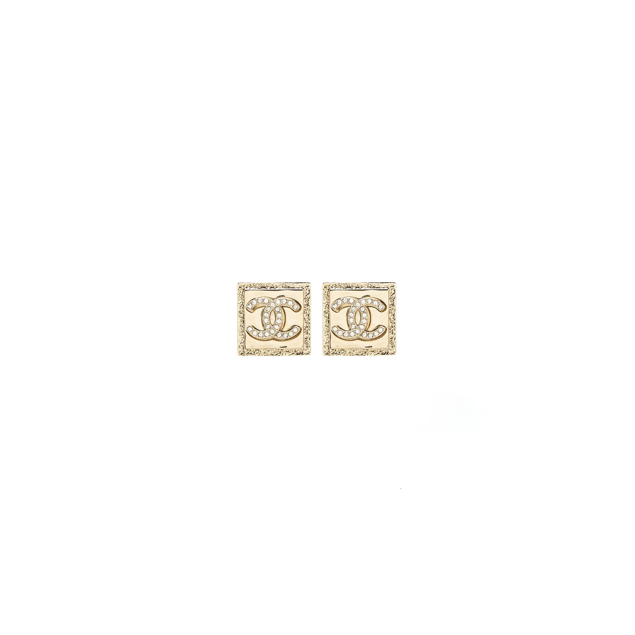 Chanel Square CC logo Earrings Crystal Light Gold Tone
