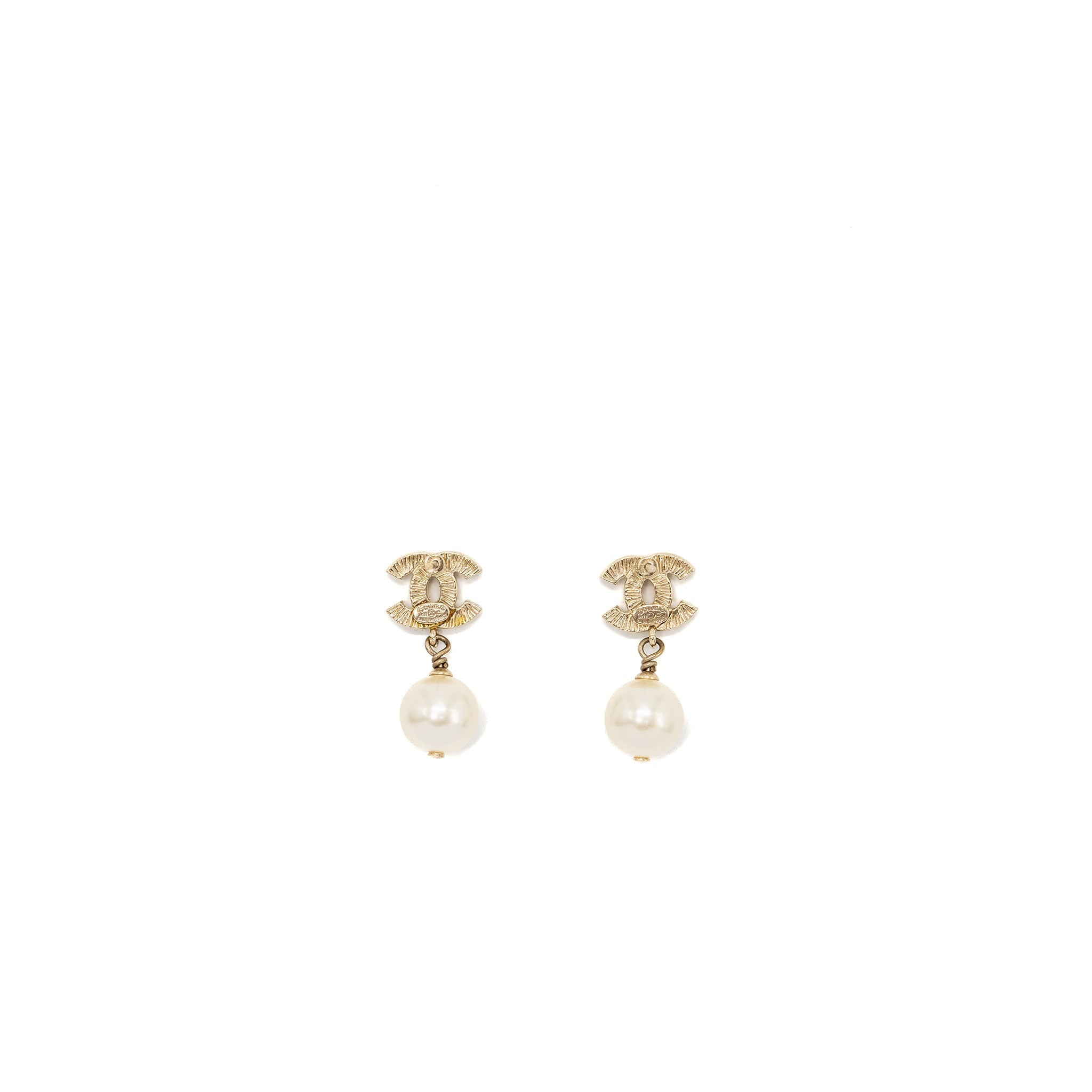 Chanel small model cc logo with pearl drop earrings light gold tone