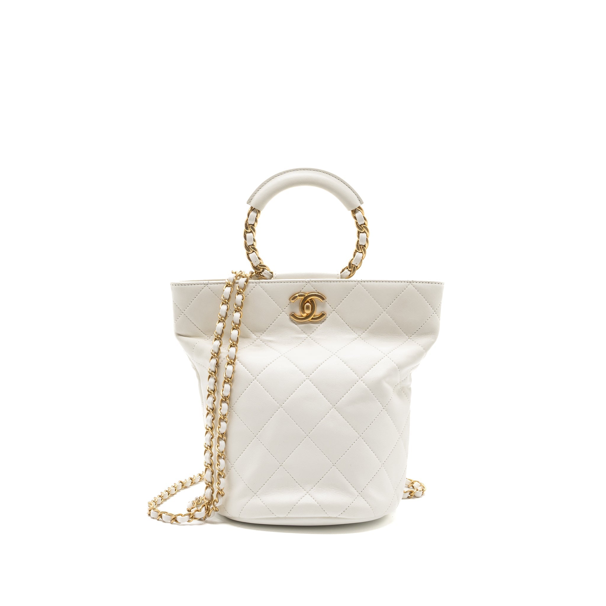 Chanel Round Handle Bucket Backpack Lambskin White