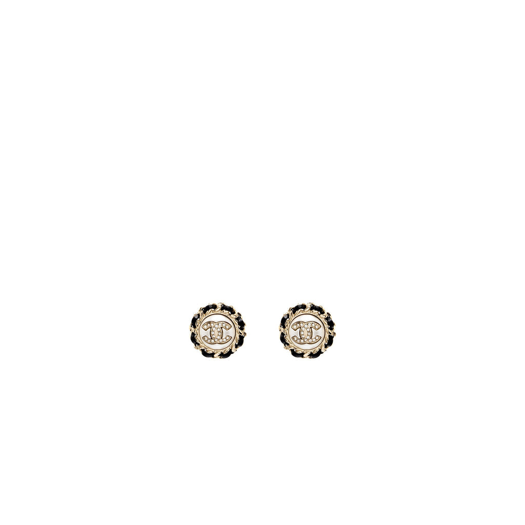 Chanel Round CC Logo Earrings Crystal/ Leather L