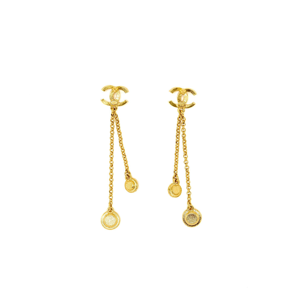Chanel Dropped Earrings CC Logo Crystal Gold Tone