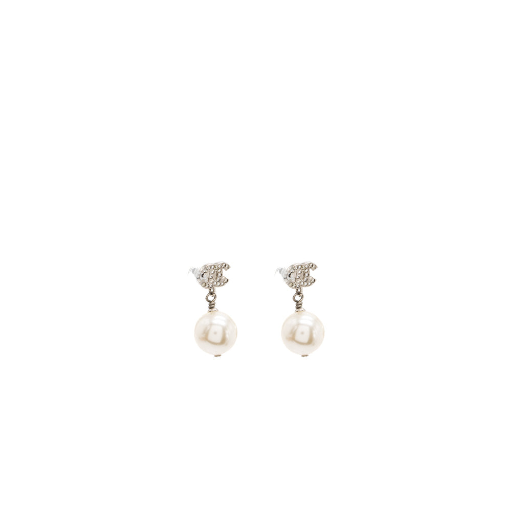 Chanel CC Logo Pearl Dropped Earrings Silver Tone