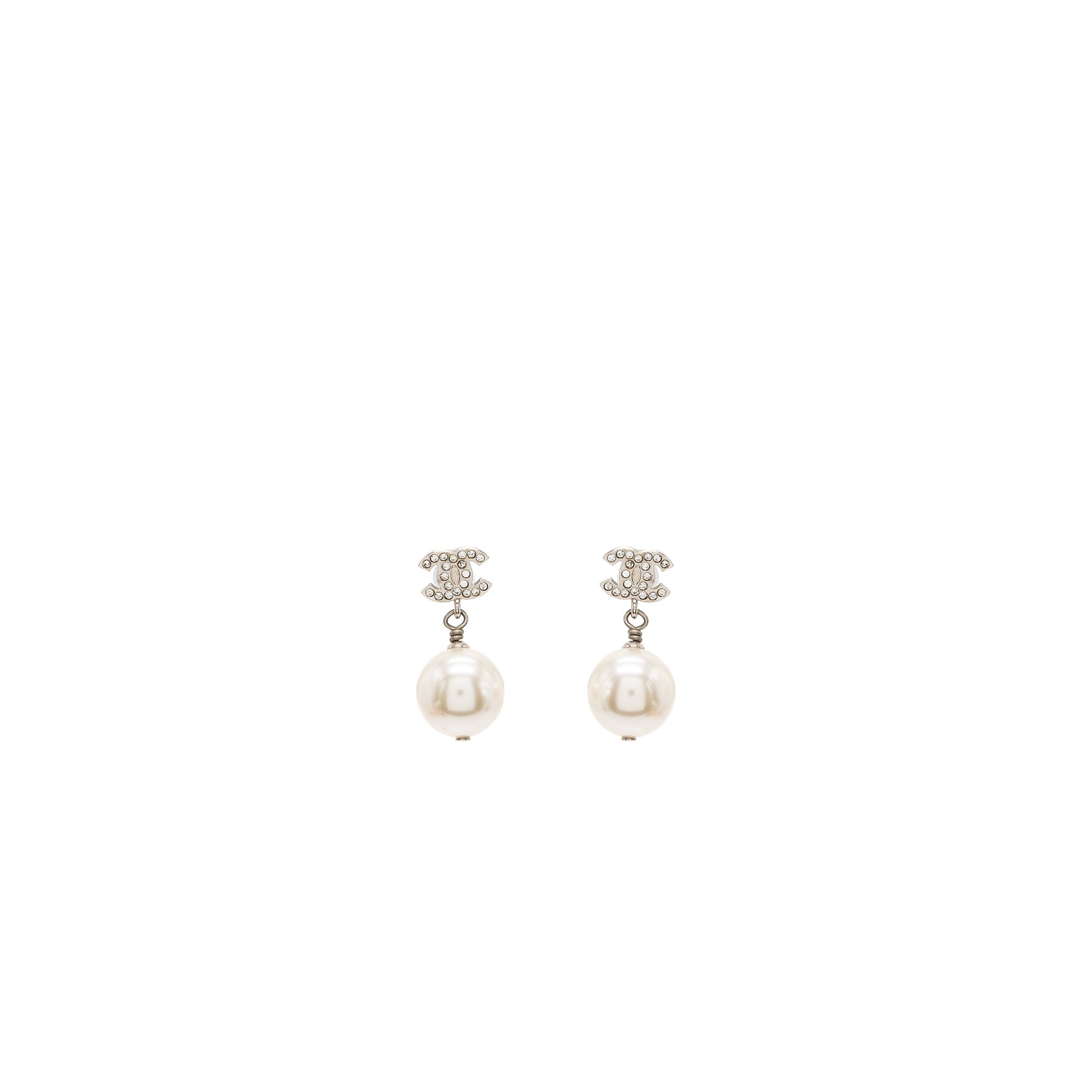 Chanel CC Logo Pearl Dropped Earrings Silver Tone