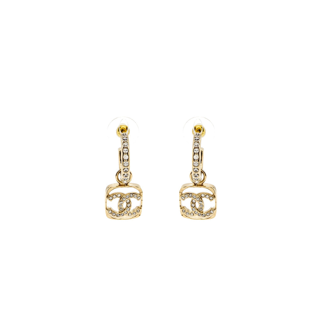 Chanel Square CC Logo Dropped Earrings Crystal Light Gold Tone