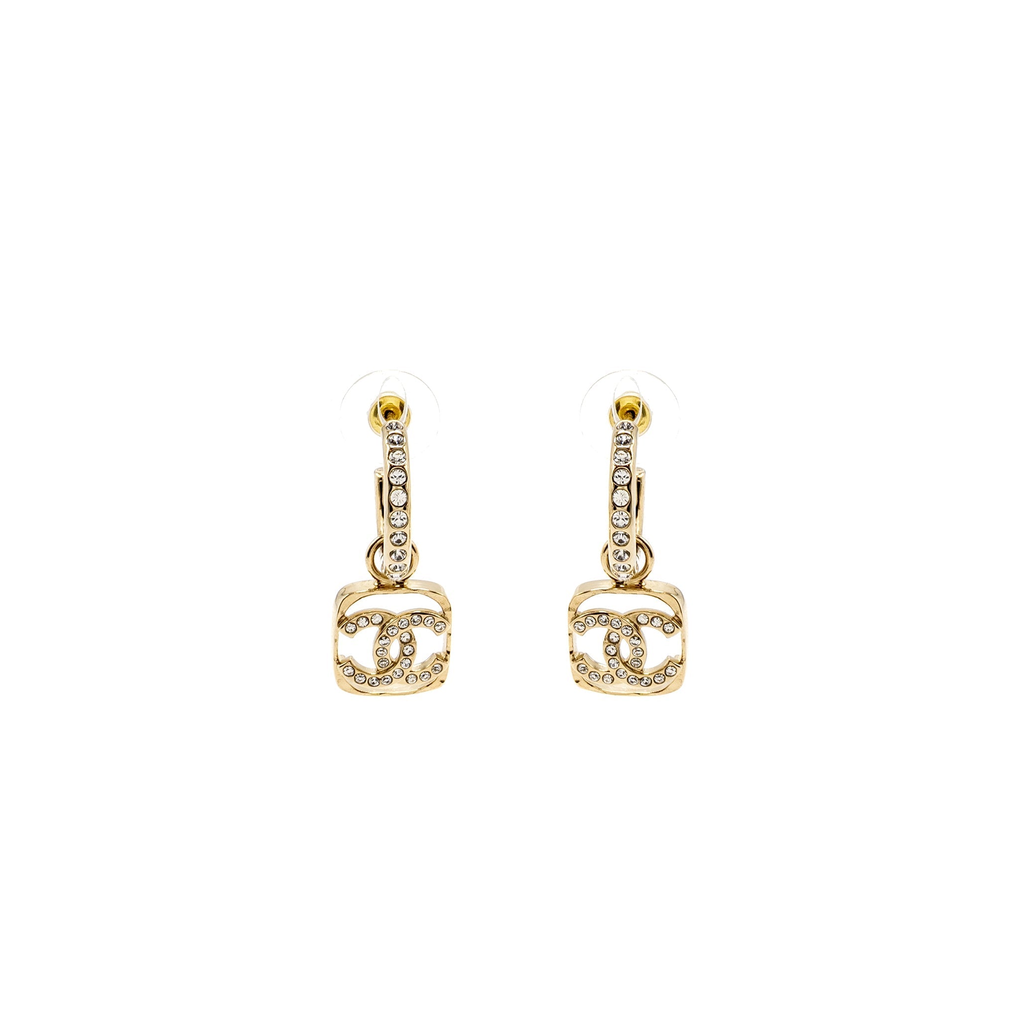 Chanel Square CC Logo Dropped Earrings Crystal Light Gold Tone