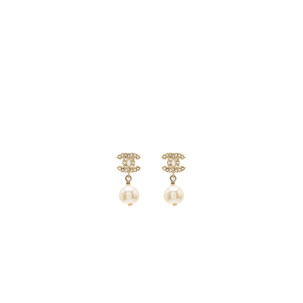 Chanel small model cc logo with pearl drop earrings light gold tone