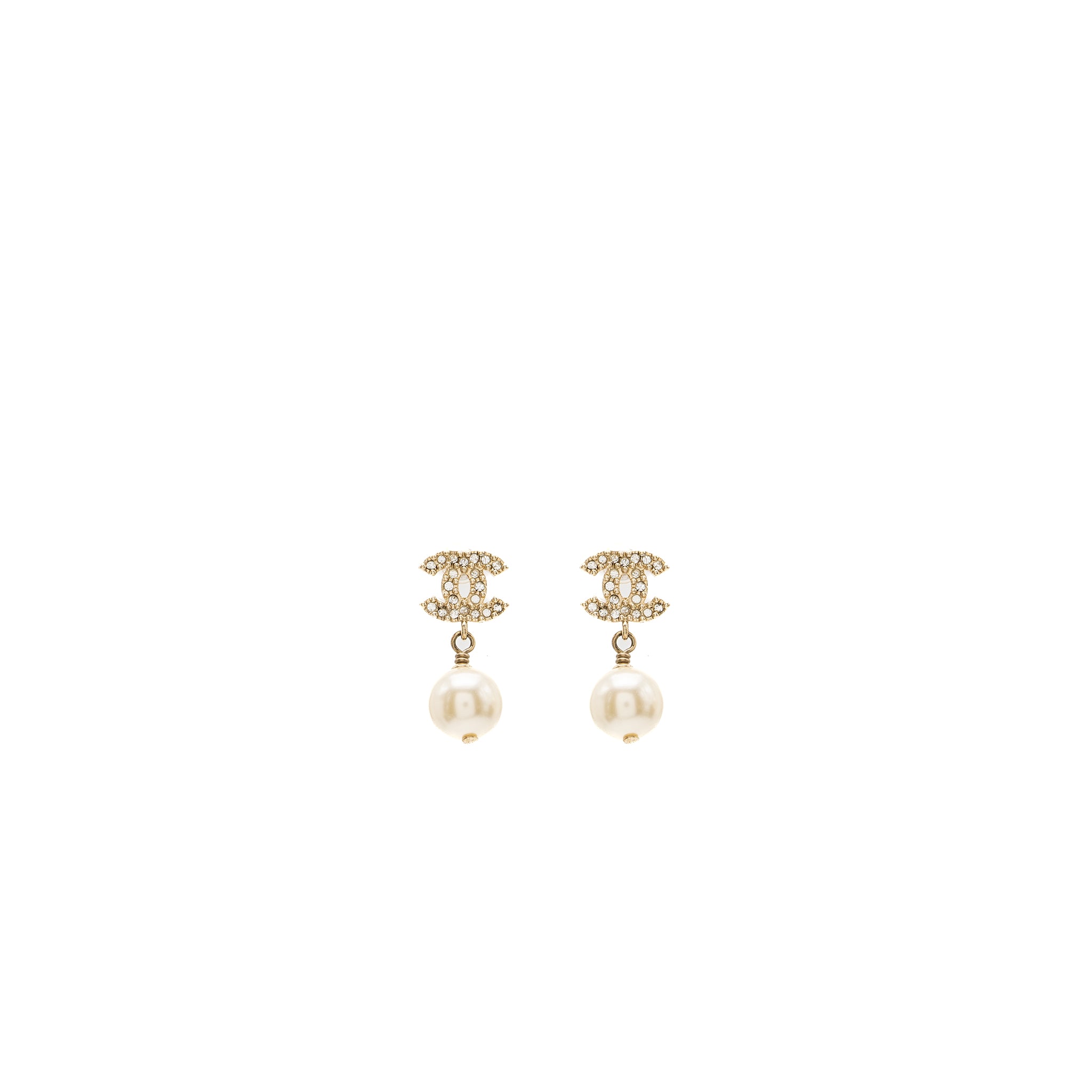 Chanel small model cc logo with pearl drop earrings light gold tone
