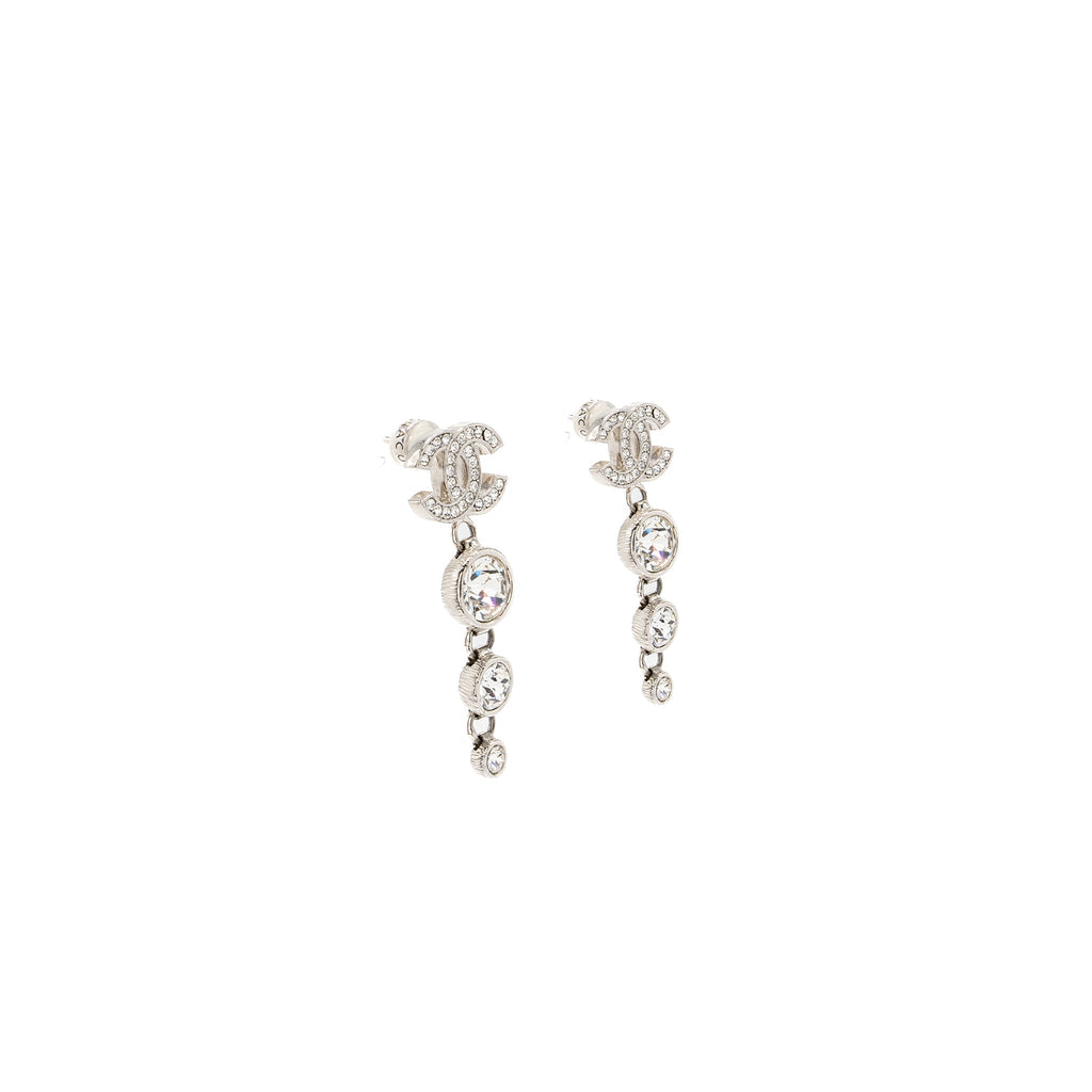 Chanel CC Logo Crystal Drop Earring Silver Tone