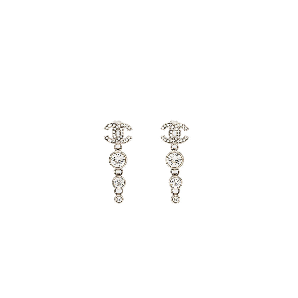 Chanel CC Logo Crystal Drop Earring Silver Tone