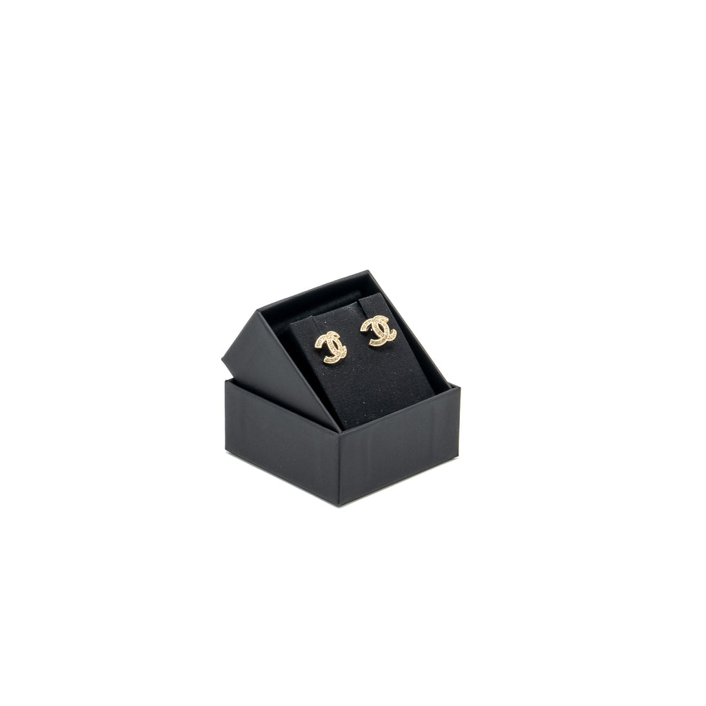 Chanel CC Logo Earrings with Crystal Light Gold Tone