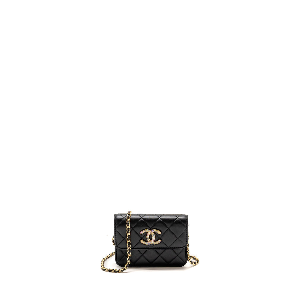 Chanel Zirconium Flap Clutch/ Holder with Chain Lambskin Black