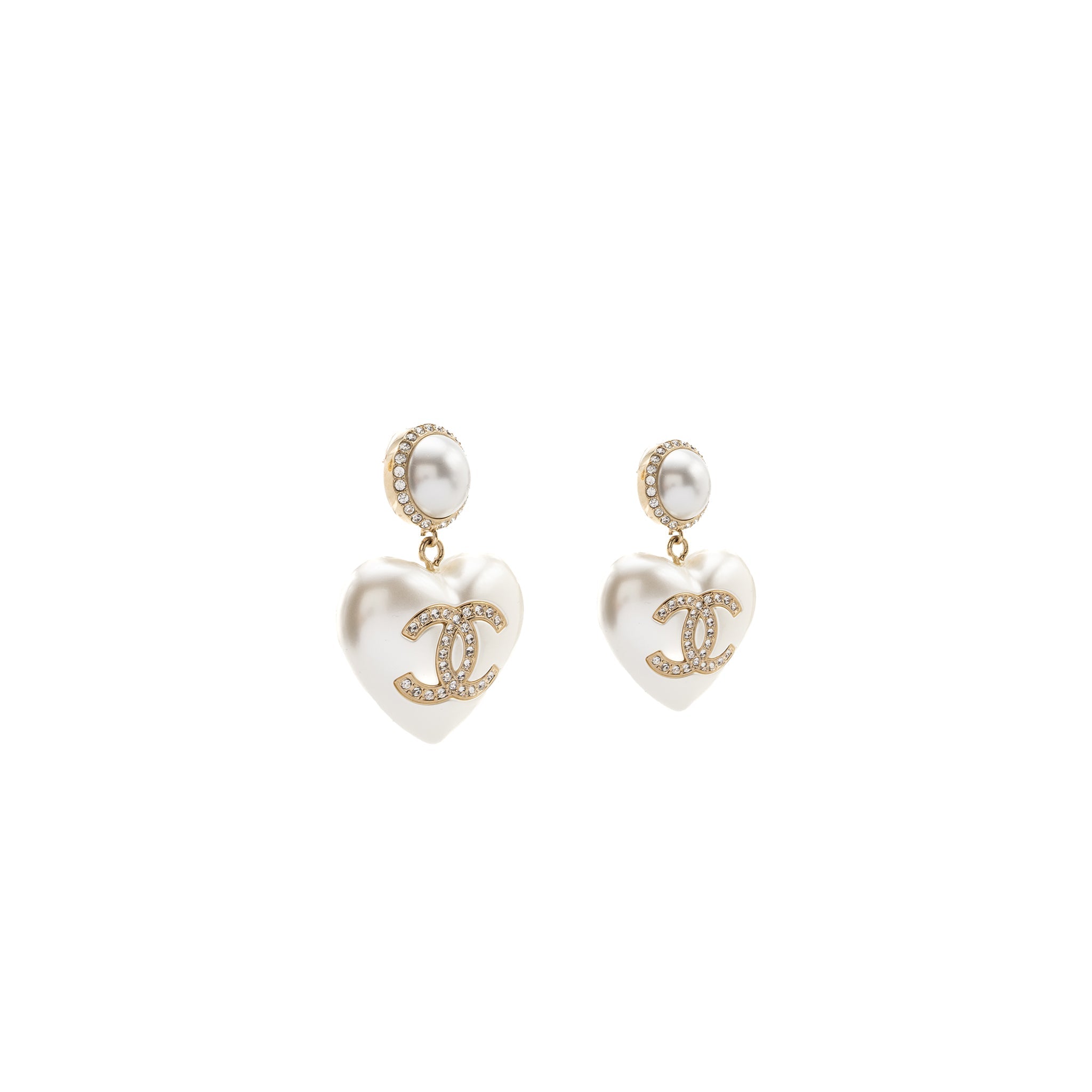 Chanel Heart Pearl Crystal CC Logo Earrings L