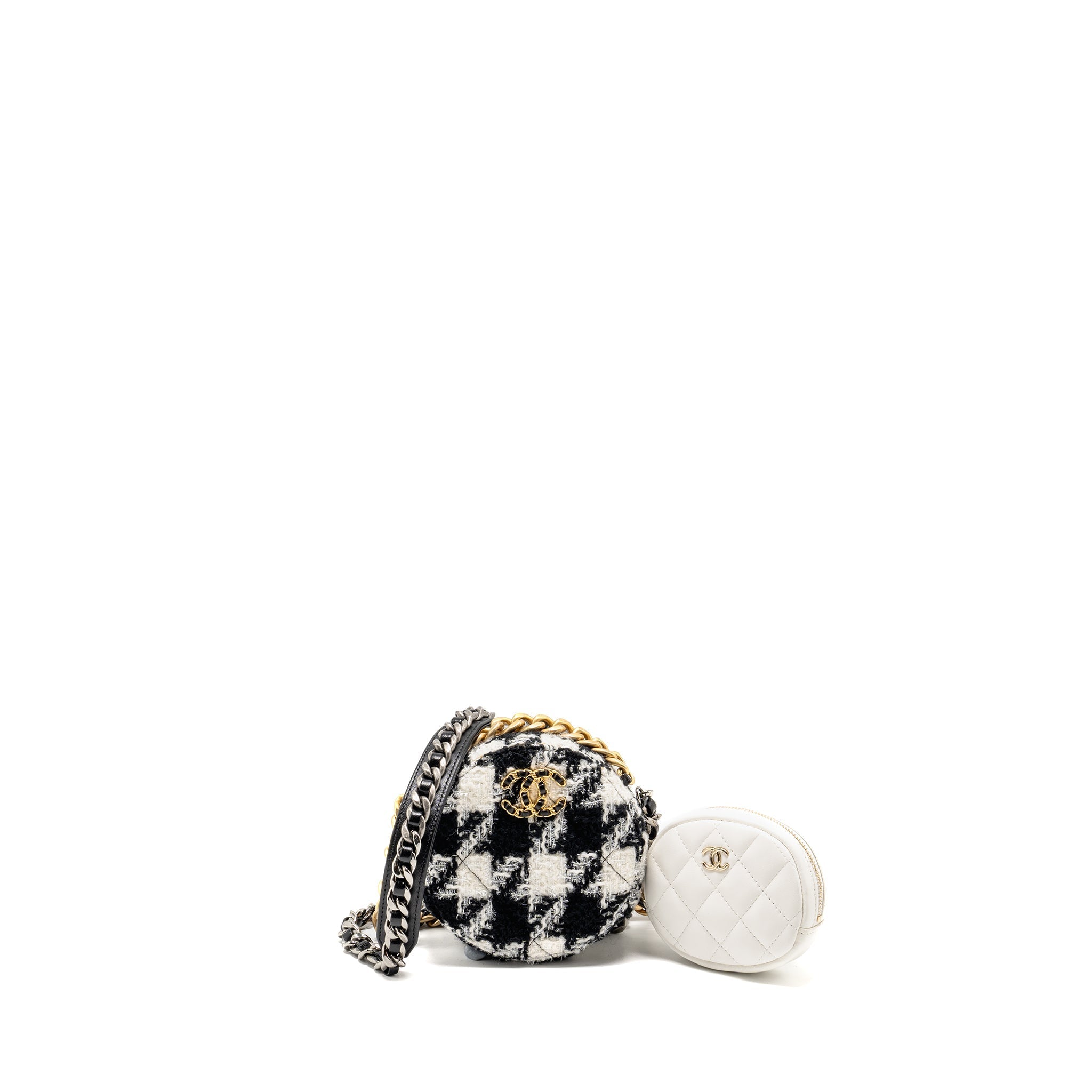 Chanel 19 round clutch  with chain with coin purse tweed / lambskin black/ white