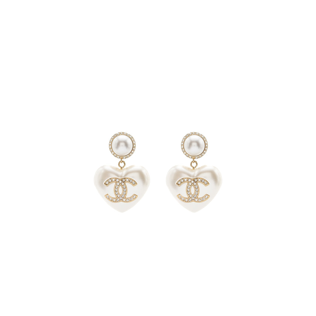Chanel Heart Pearl Crystal CC Logo Earrings L