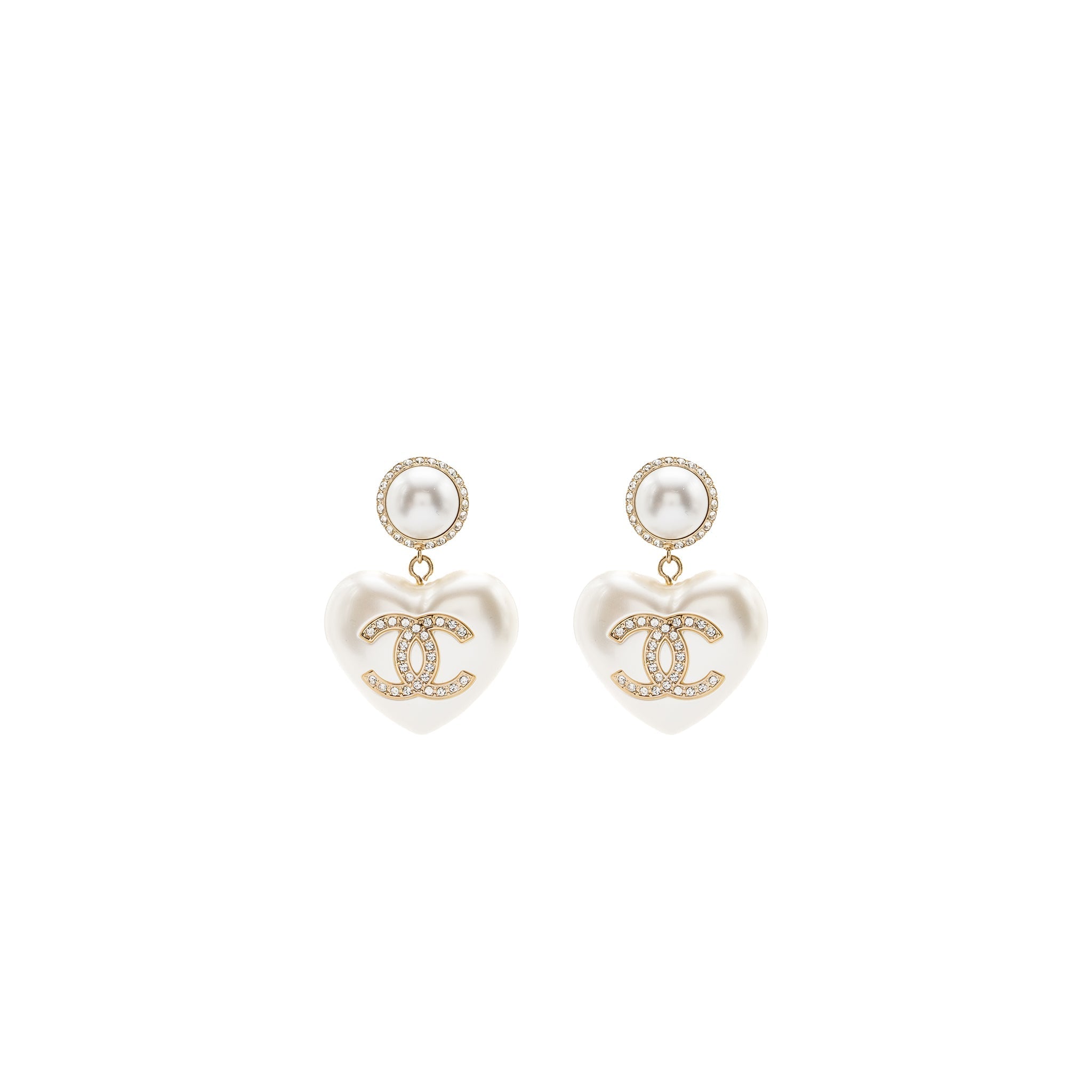 Chanel Heart Pearl Crystal CC Logo Earrings L