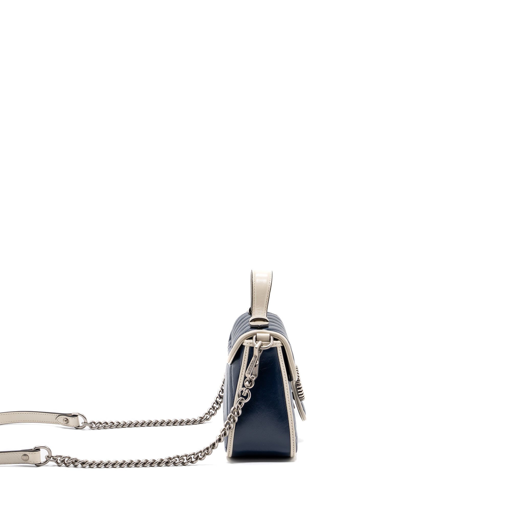 Gucci GG Marmont Top Handle Bag Calfskin Navy/ White