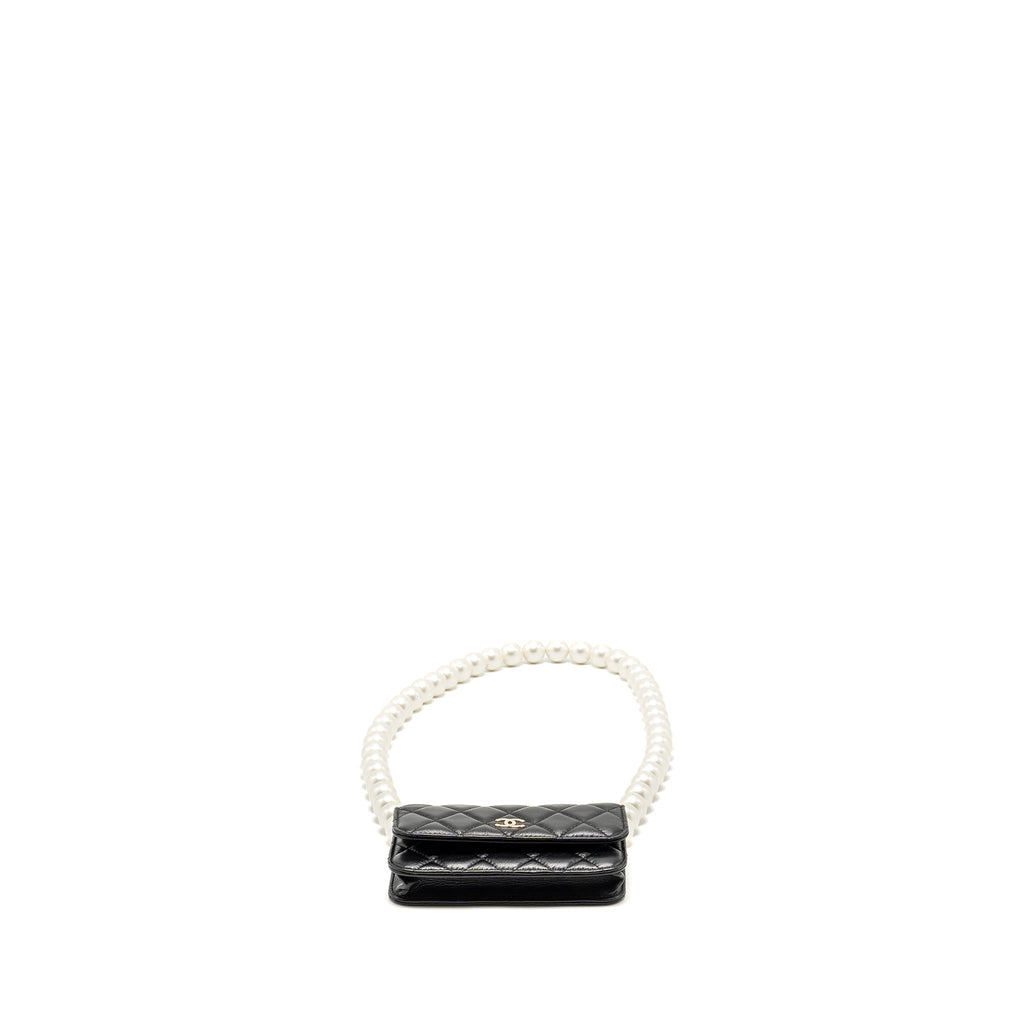 Chanel CC Logo Clutch with Giant Pearl Chain Lambskin Black L
