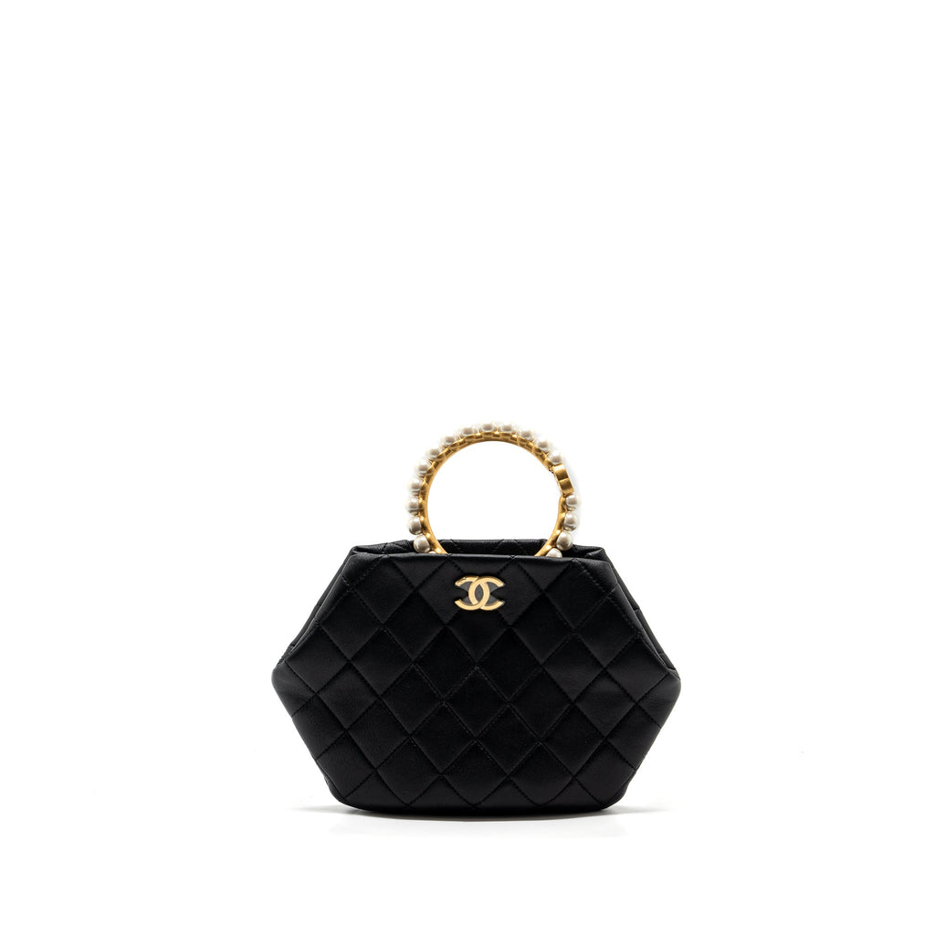 Chanel pearl round handle evening clutch lambskin black  (microchip)
