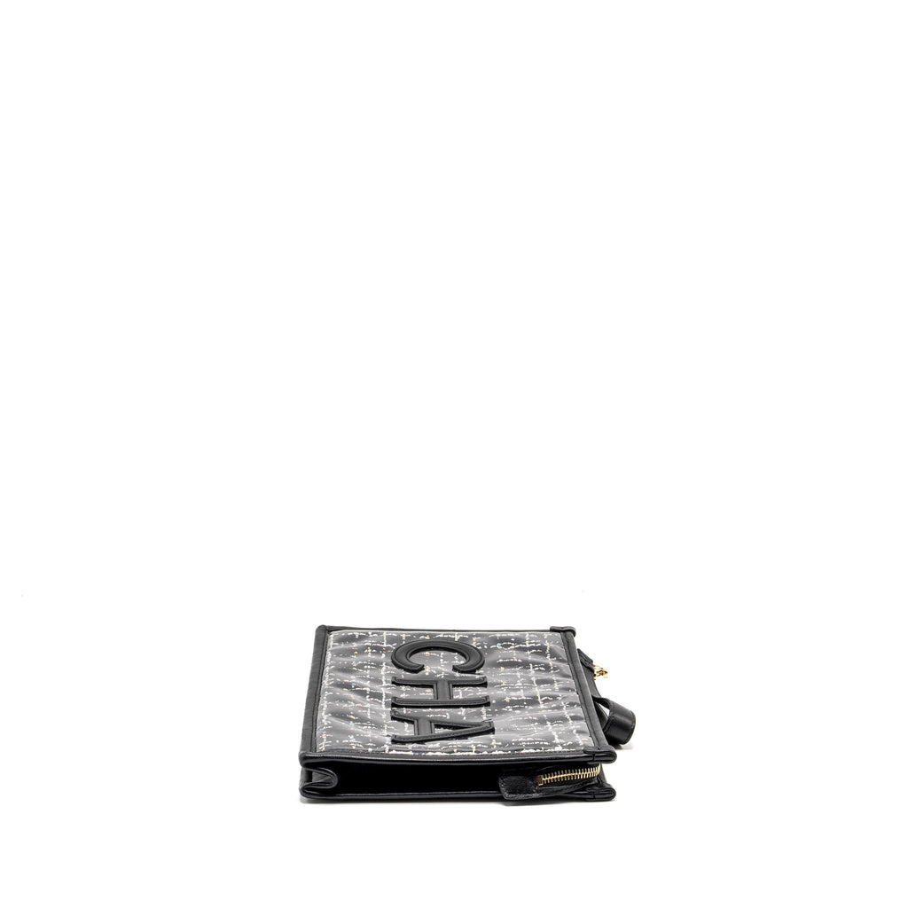 Chanel Letter Logo Clutch Bag Tweed PVC/Lambskin Black L