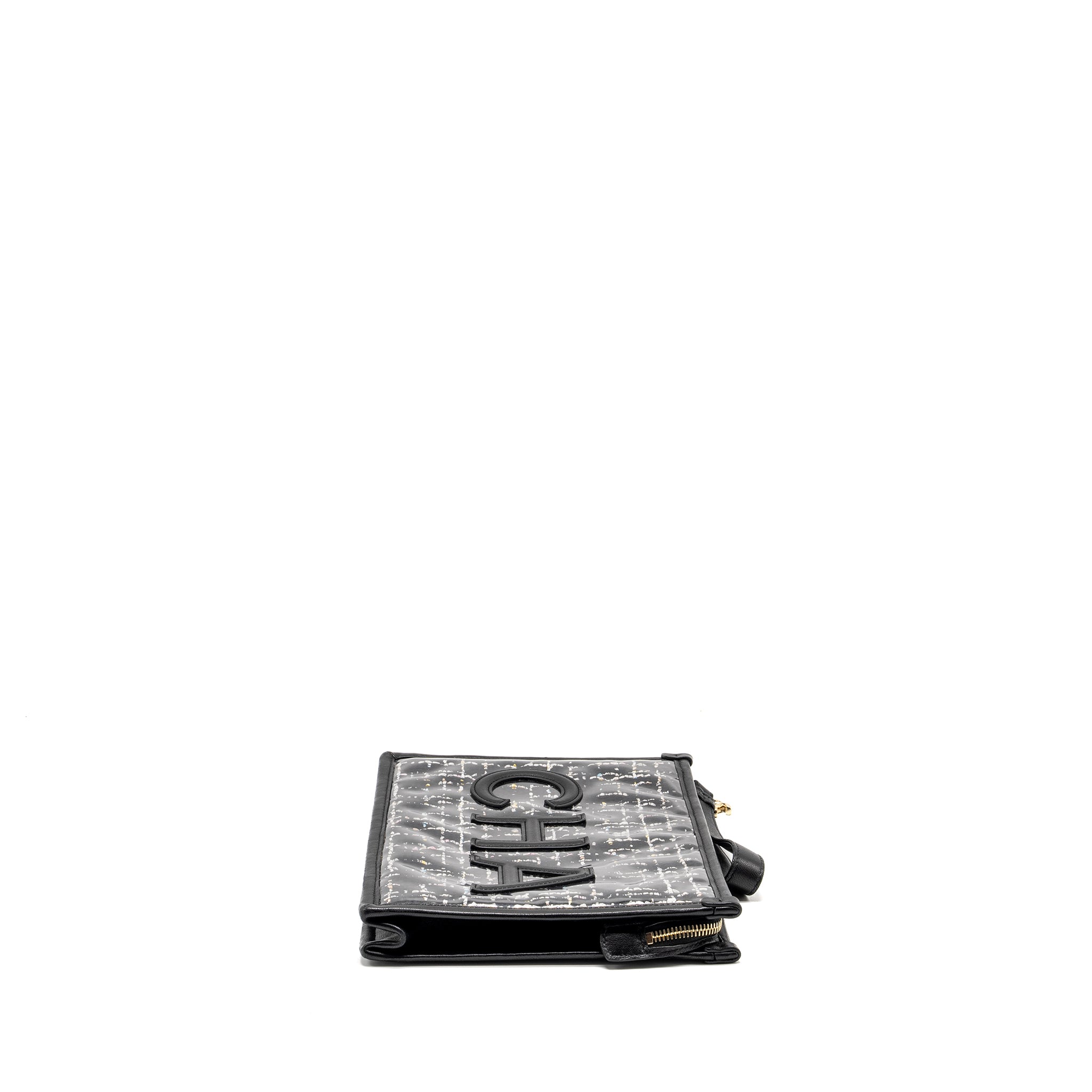 Chanel Letter Logo Clutch Bag Tweed PVC/Lambskin Black L