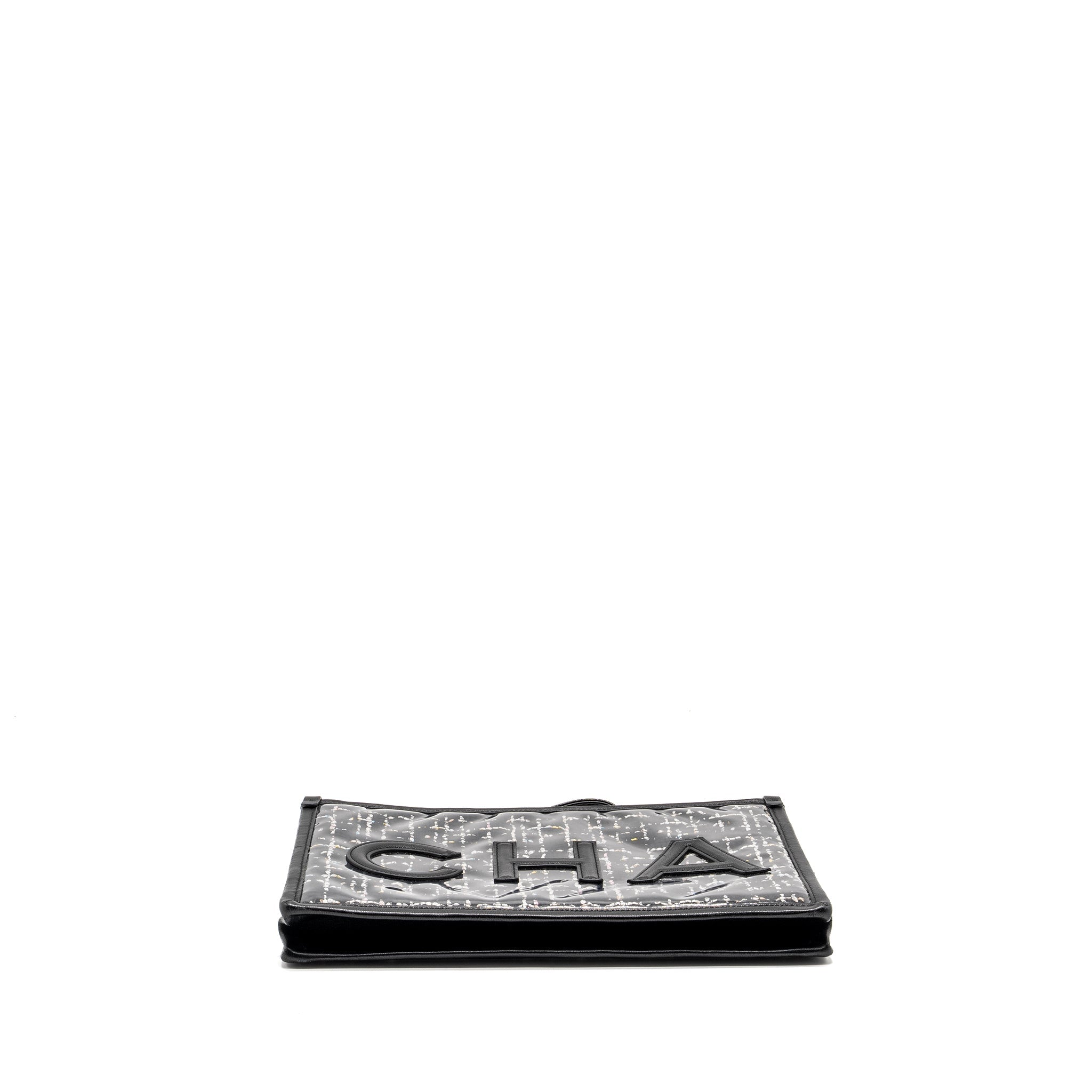 Chanel Letter Logo Clutch Bag Tweed PVC/Lambskin Black L