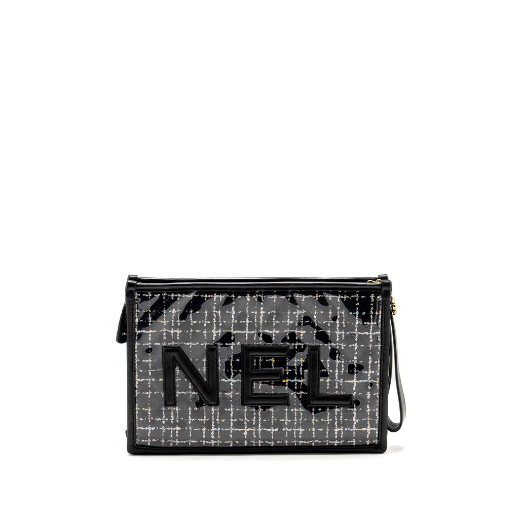 Chanel Letter Logo Clutch Bag Tweed PVC/Lambskin Black L