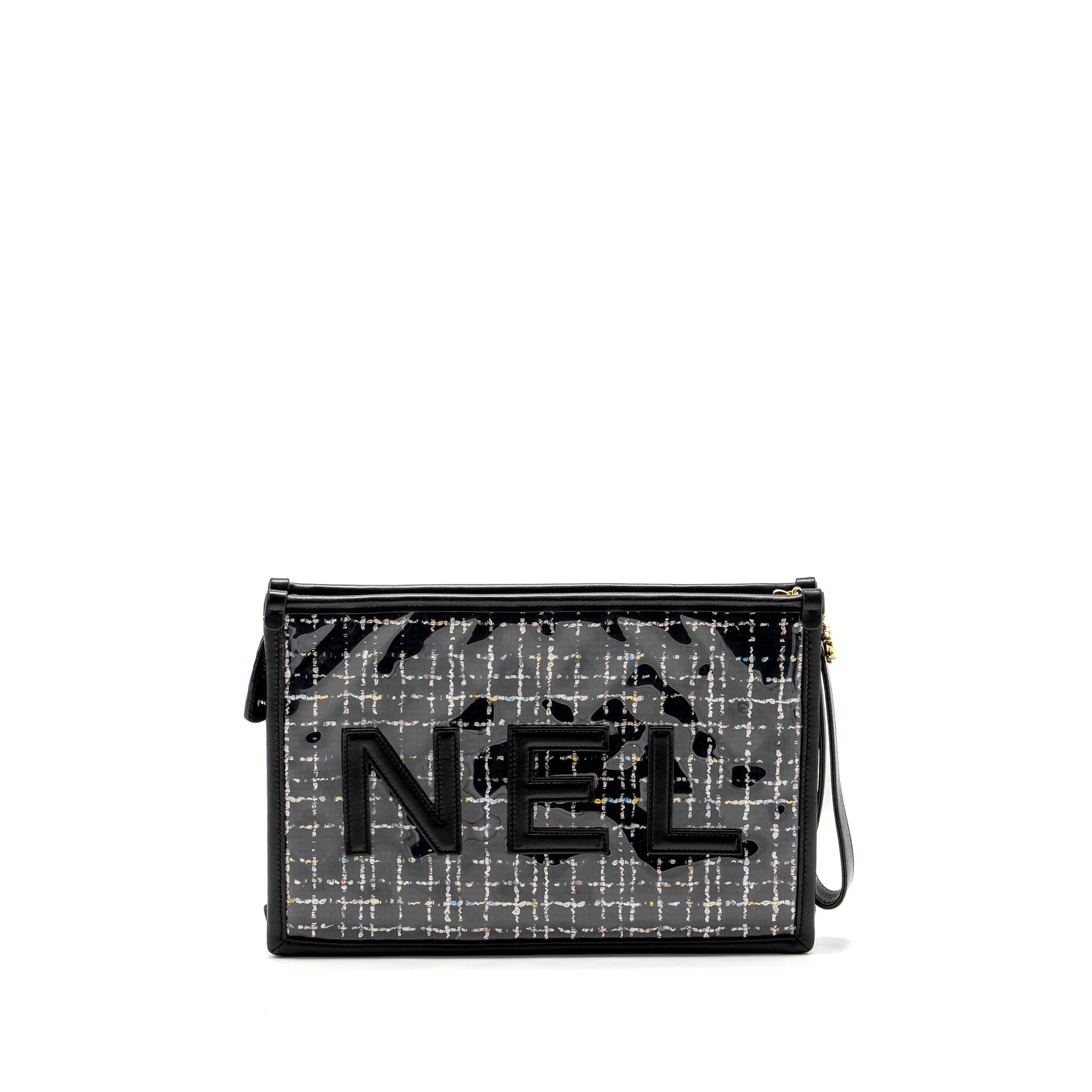 Chanel Letter Logo Clutch Bag Tweed PVC/Lambskin Black L