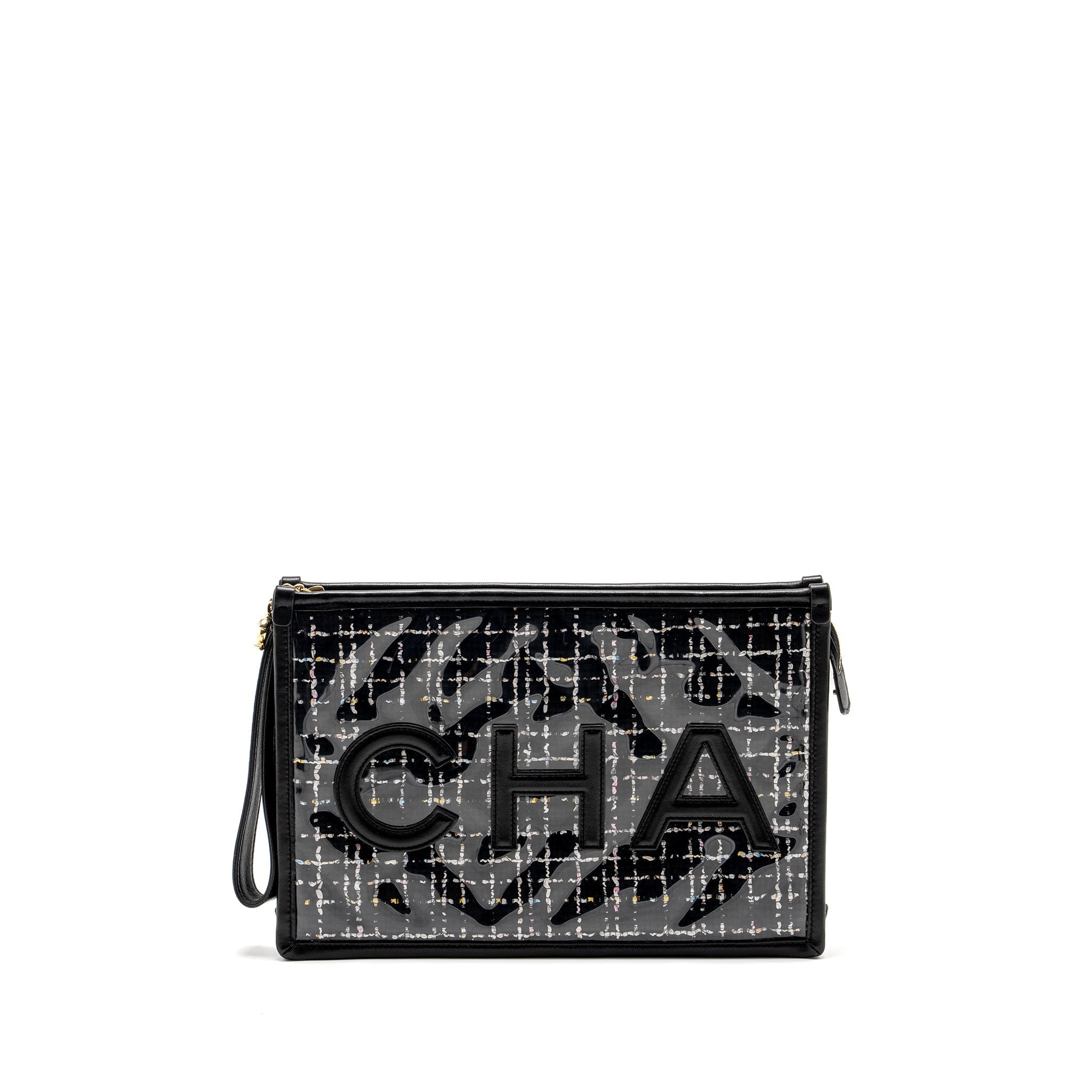 Chanel Letter Logo Clutch Bag Tweed PVC/Lambskin Black L