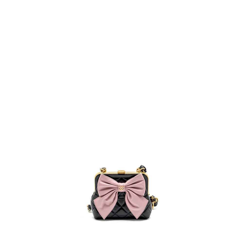 Chanel 24a Bowknot Clutch with Chain Patent Crumpled Lambskin/Shiny Lambskin Black/Pink  (Microchip)