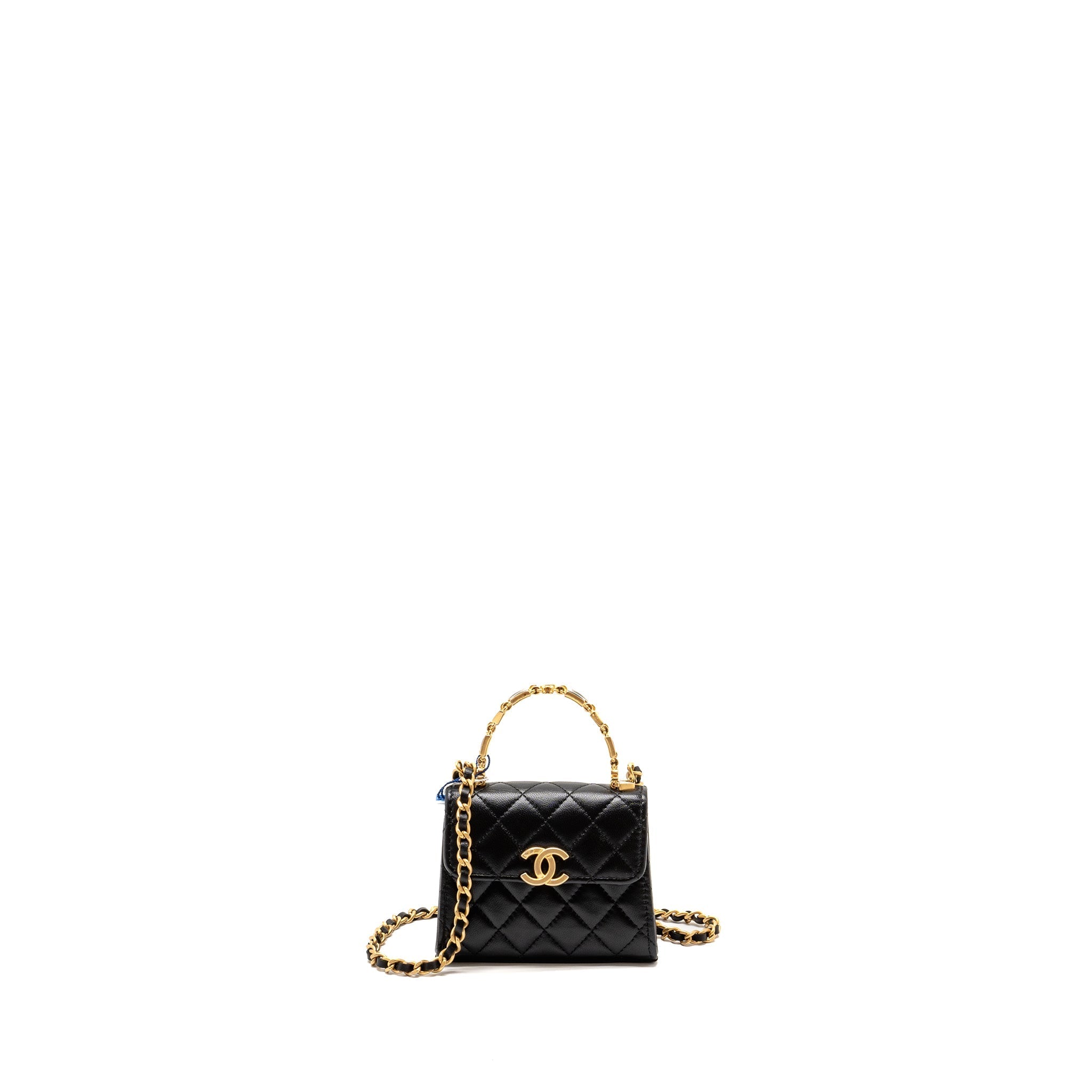 Chanel Detailed Top Handle Mini Clutch with Chain Lambskin Black  (Microchip)
