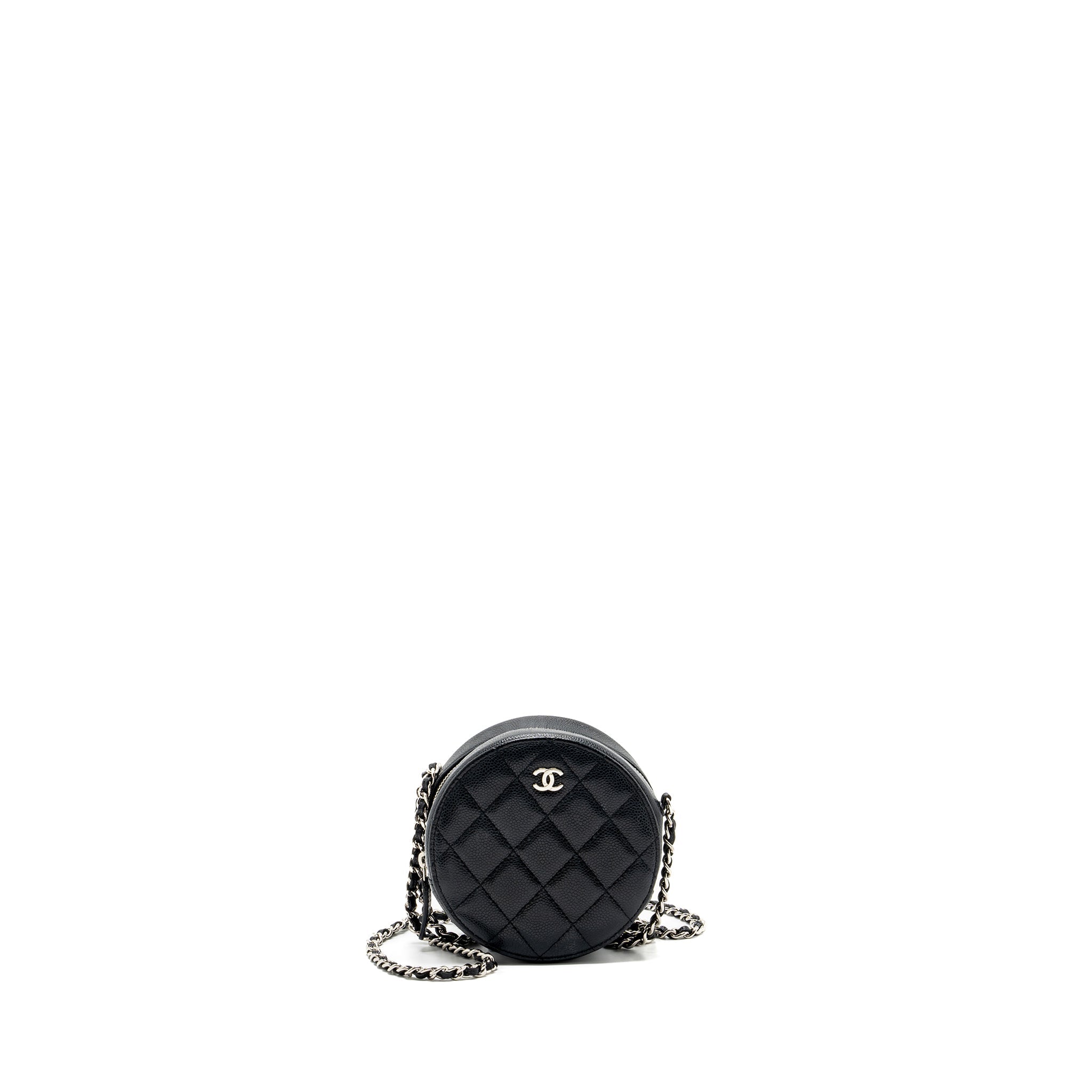 Chanel round sip clutch with chain caviar black