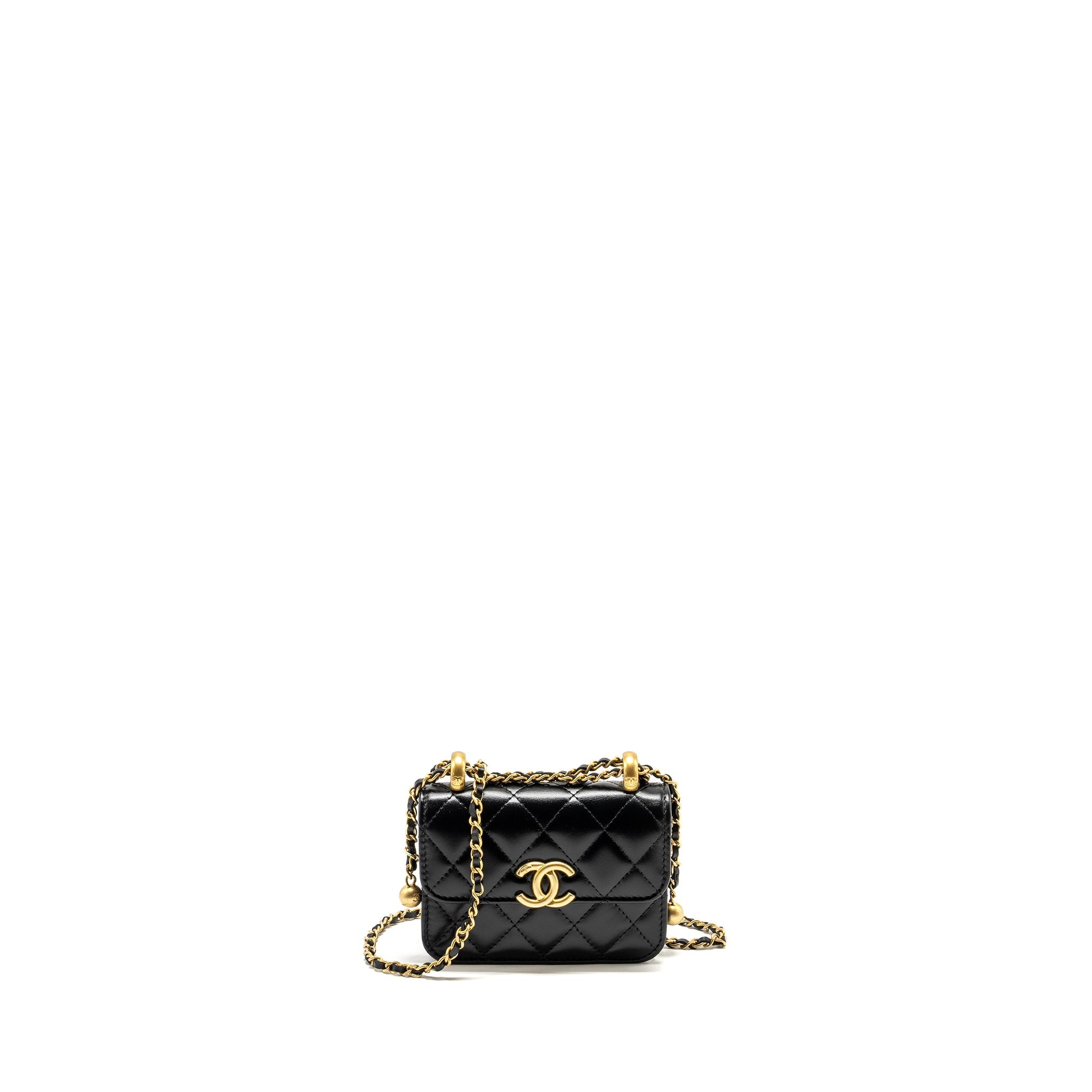 Chanel 21A Gold Crush Mini Flap Clutch with Adjustable Chain Calfskin Black