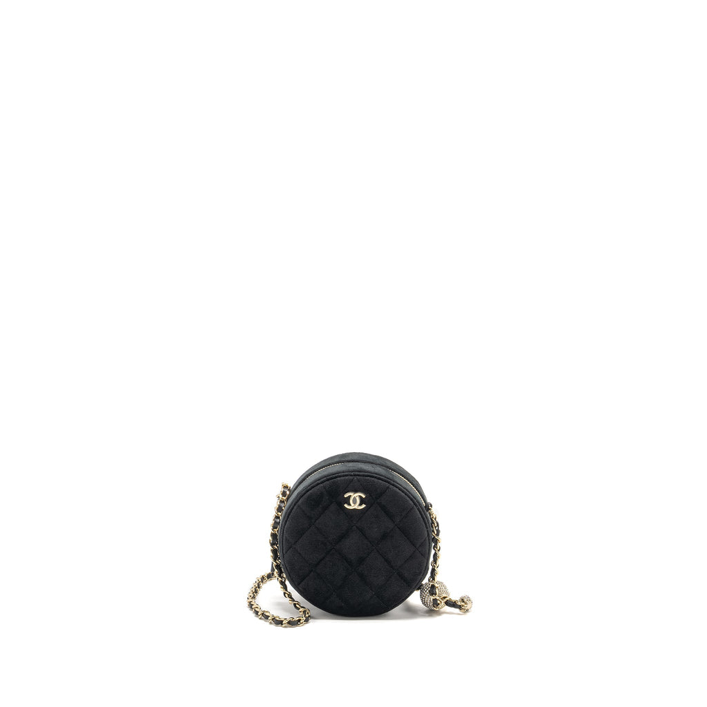 Chanel Pearl Crush Round Clutch Quilted Velvet Black L