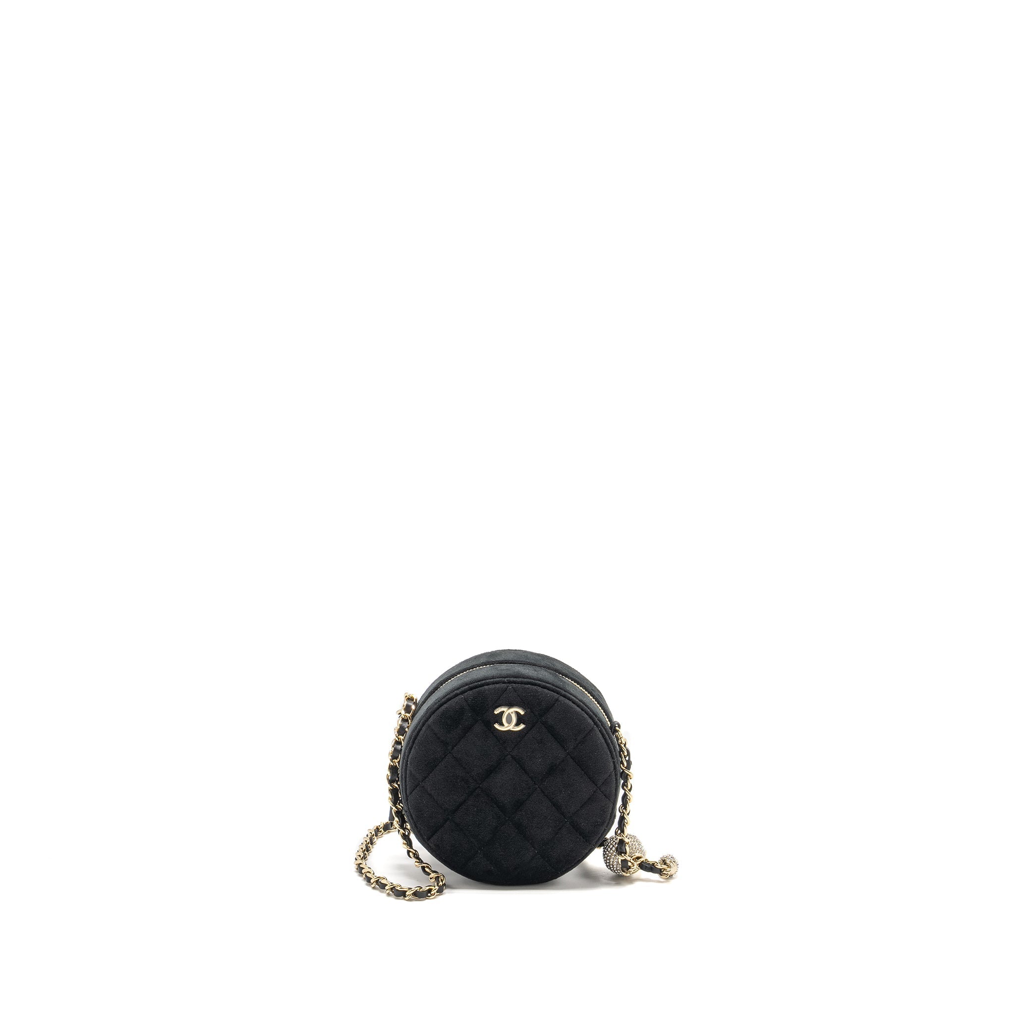Chanel Pearl Crush Round Clutch Quilted Velvet Black L