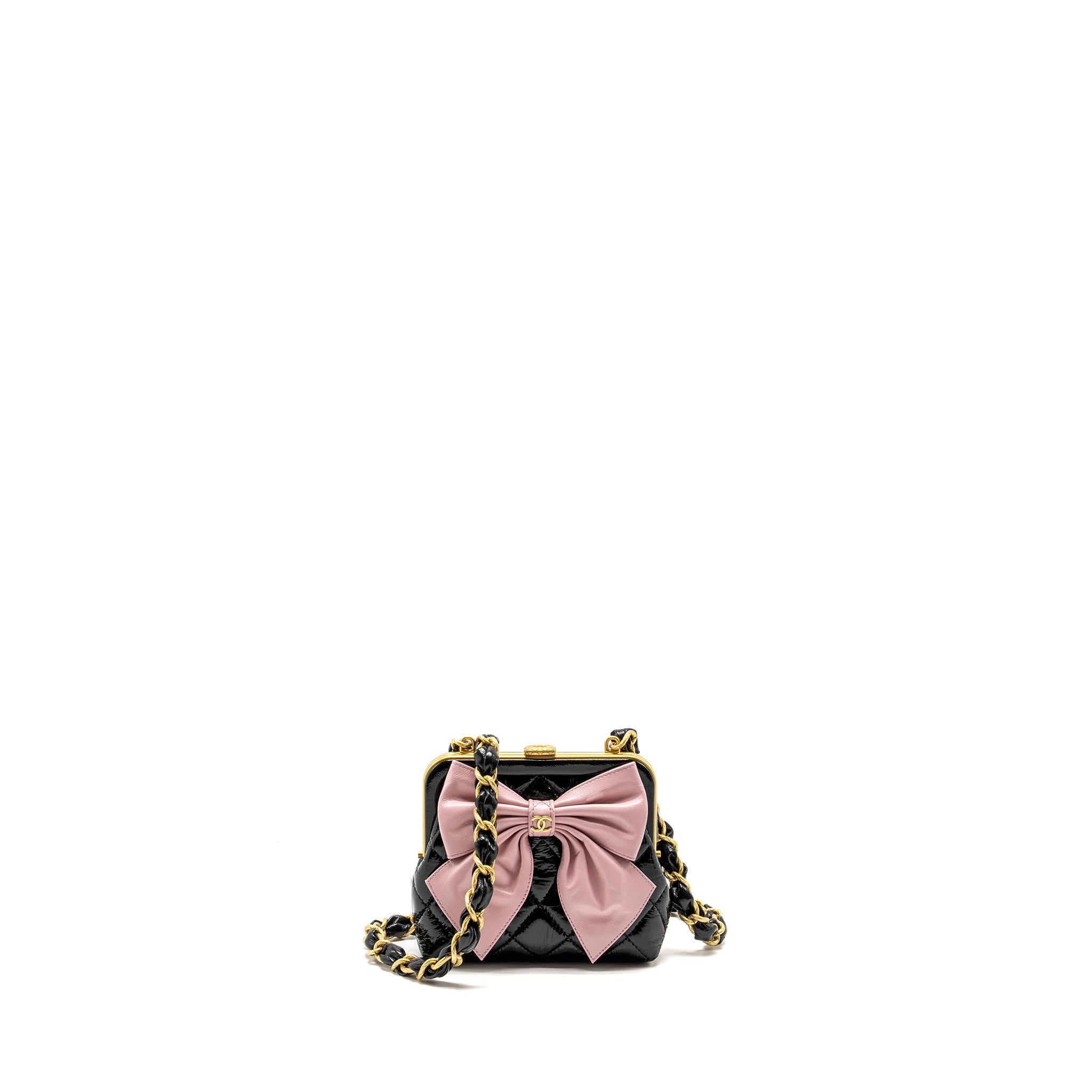 CHANEL 24A Bowknot Clutch With Chain Patent Crumpled lambskin/Shiny Lambskin Black/Pink  (Microchip)